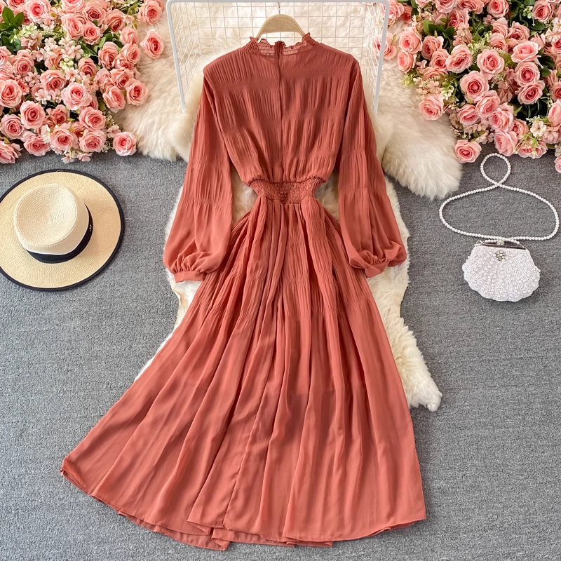 Elegant Stand Collar Chiffon Dress for Women - Long Sleeve Maxi Dress with Flowy Skirt | Perfect for Fall Weddings, Parties & Office Wear (Style 1381)