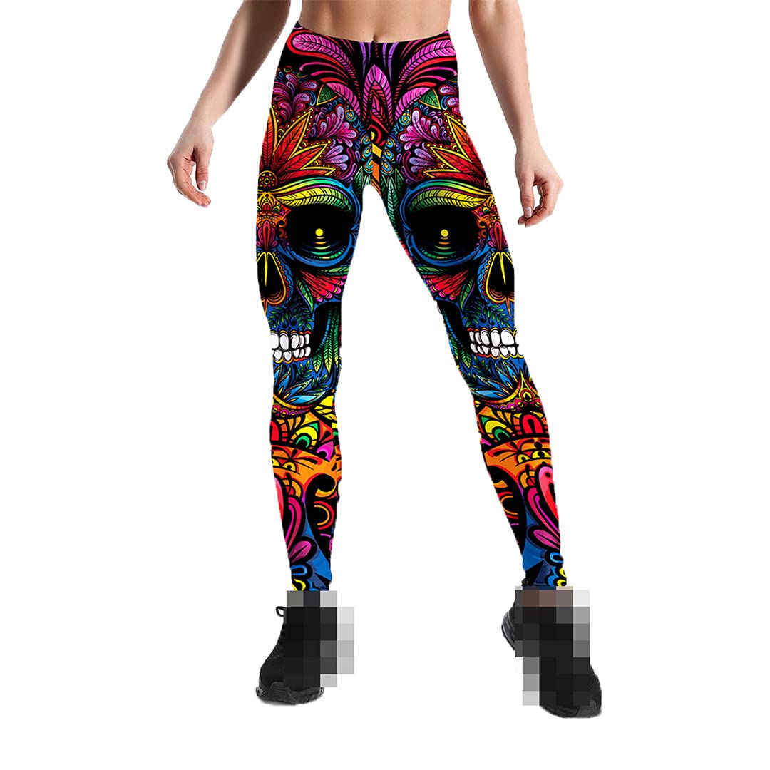 YJQWDDD Colorful Totem Fitness Leggings - Gothic Skull Print High Waist Yoga Pants for Women | Gym Workout, Casual Wear & Street Fashion