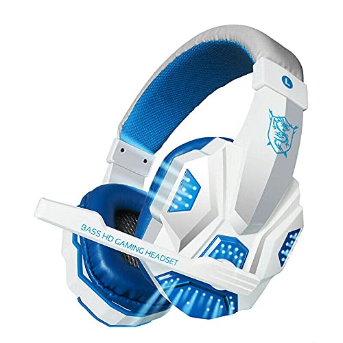 3.5mm Wired Gaming Headset with Microphone - LED Light Stereo Bass Surround Sound Headphones for PC/PS4/Xbox (White-Blue) - Perfect for Online Gaming, Streaming & Voice Chat