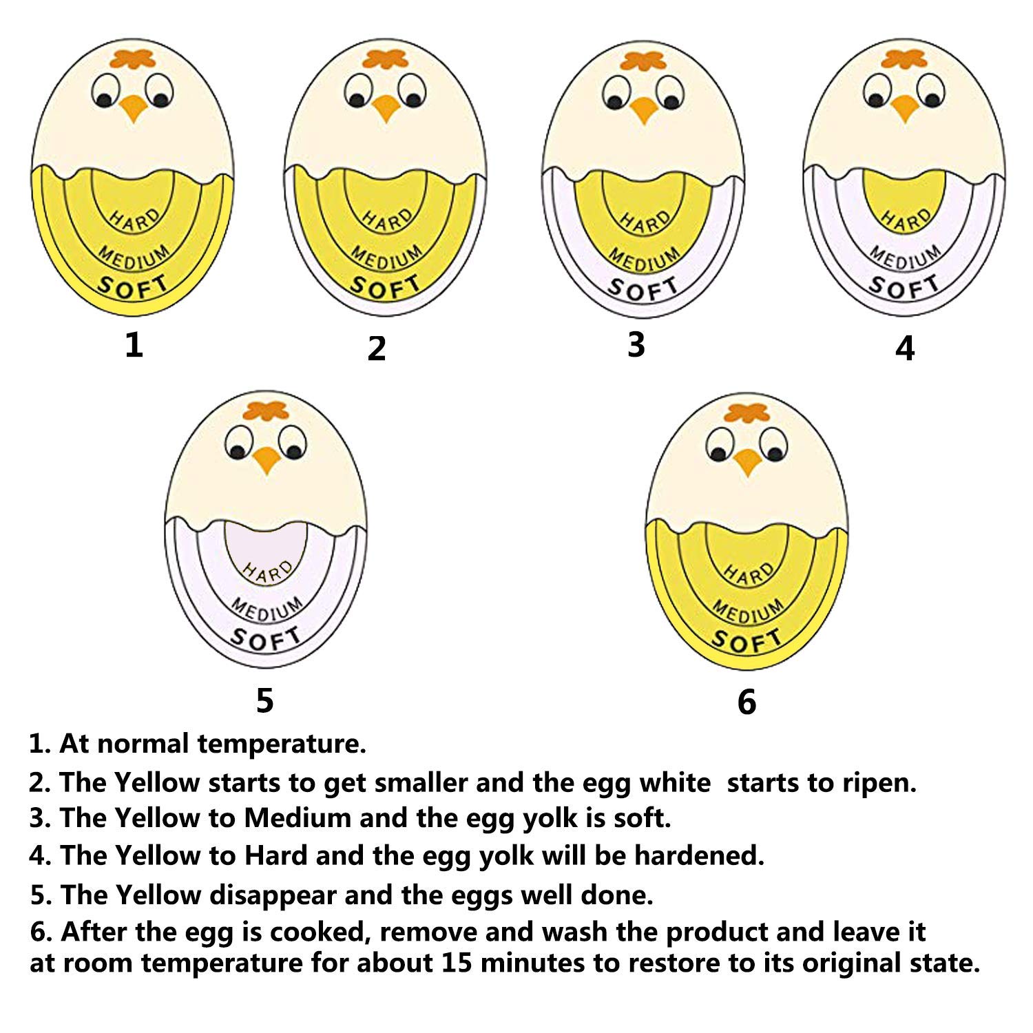 Color Changing Egg Timer for Perfect Hard & Soft Boiled Eggs - 6 Pack Yellow Kitchen Timer with Visual Doneness Indicator - Ideal for Breakfast Meal Prep & Cooking Enthusiasts