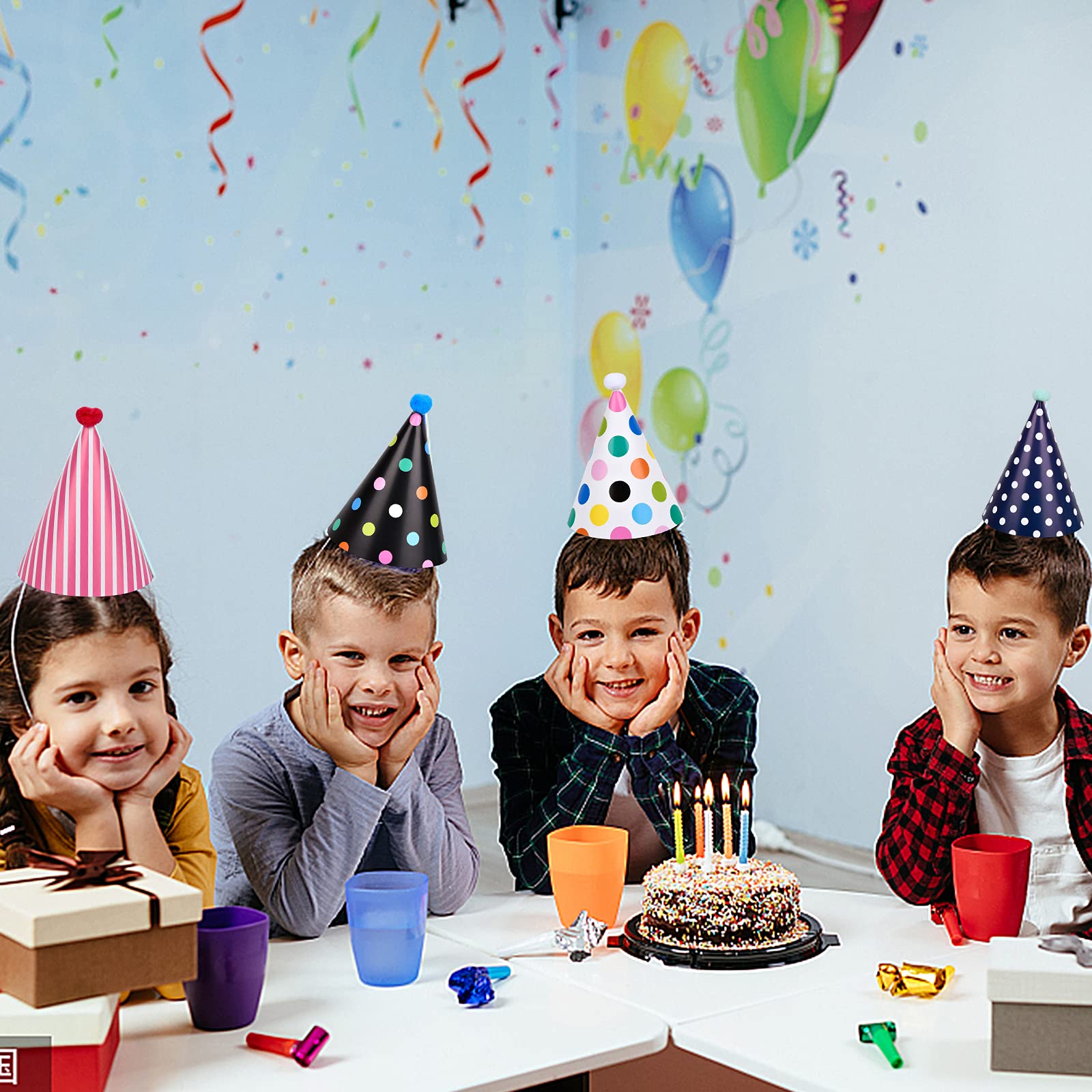 Chstarina 11-Piece Party Hat Set - Colorful Birthday Cone Hats with Pom Poms for Kids, Girls, Boys & Adults | Includes 9 Cone Hats + 2 Crowns | Perfect for Birthday Parties, Baby Showers & Festive Celebrations