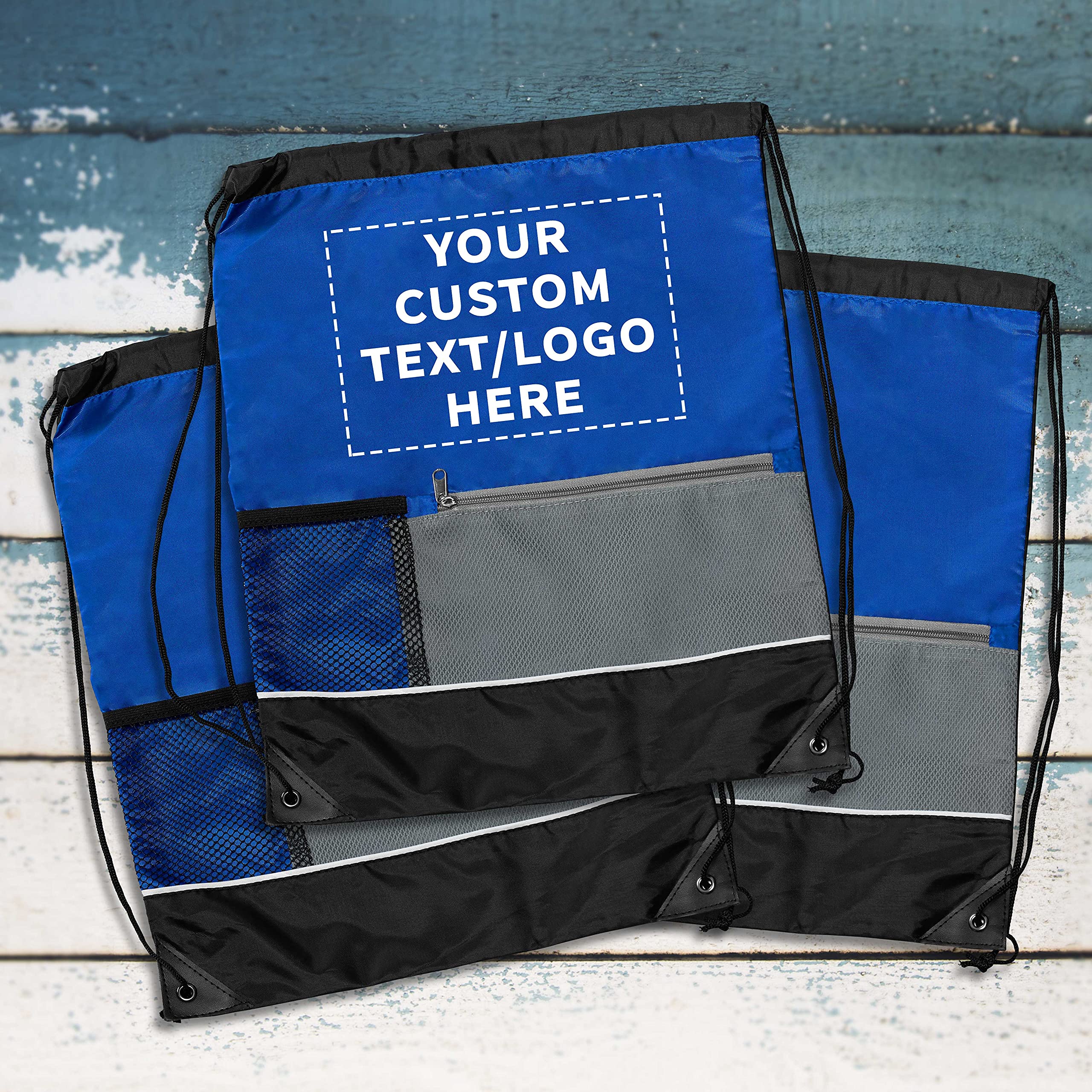 Custom Front Pocket Drawstring Backpacks - Bulk Pack of 100 Personalized Reusable Bags | Lightweight Sports & Promotional Backpacks in Blue | Perfect for School, Gym, Travel & Events