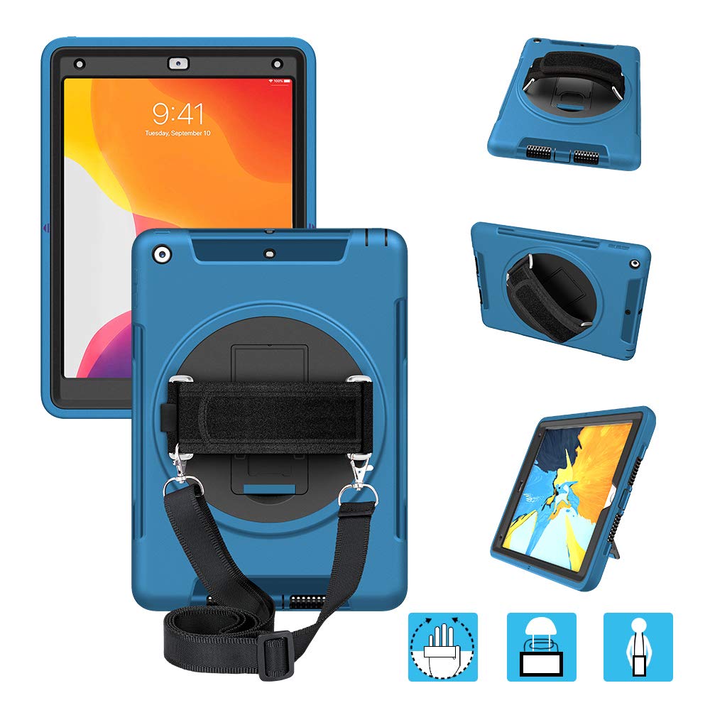 Premium iPad 6th Gen Case (9.7 Inch 2017/2018 Model) - Heavy Duty 3-Layer Rugged Protection with Bonus Screen Protector, Hand Strap & 360° Rotatable Kickstand - Shockproof Cover for iPad 6th Generation - Perfect for Outdoor Adventures, Travel & Daily Commute (Blue)