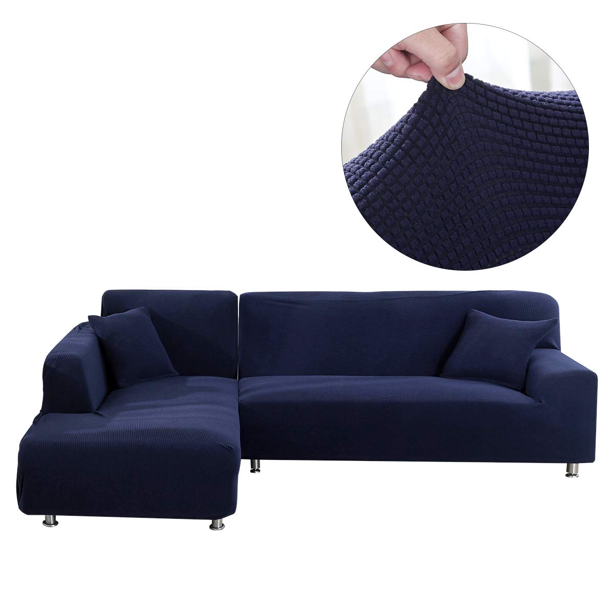 MIFXIN Jacquard L-Shaped Sofa Cover 2-Piece Stretch Polyester Slipcover - Sofa Protector for Sectional Couches, Dark Blue - Perfect for Living Room Decor & Home Protection