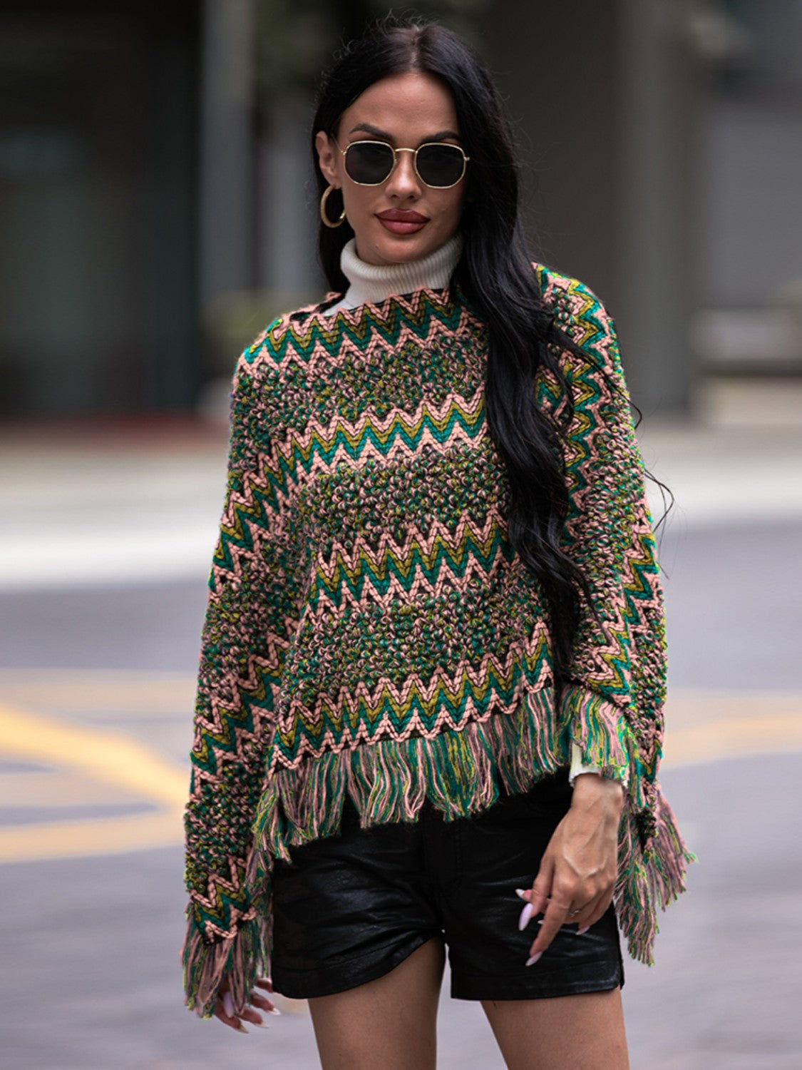Stylish Fringe Hem Boat Neck Poncho for Women – Boho Chic Knit Wrap Cover-Up – Perfect for Beach, Vacation, and Casual Outings