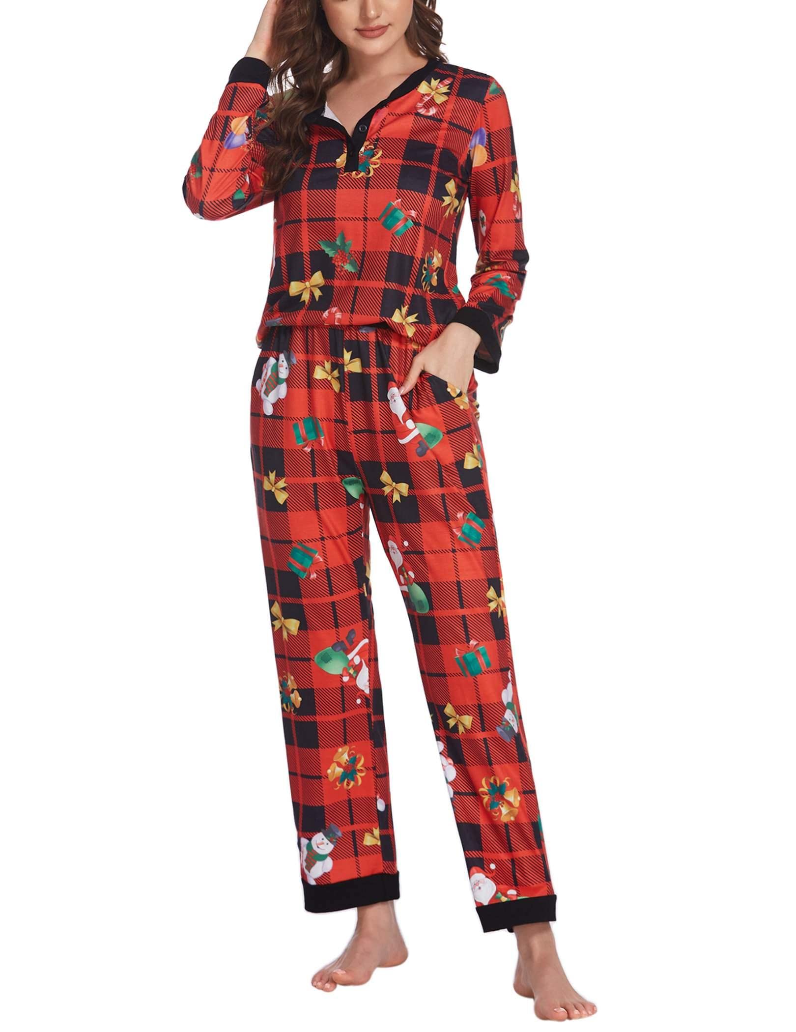 Ekouaer Women's Christmas Pajama Set - Long Sleeve Soft Flannel Lounge Pajamas with Pockets, Holiday Sleepwear S-XXL - Cozy for Christmas Eve, Family Gatherings & Winter Nights
