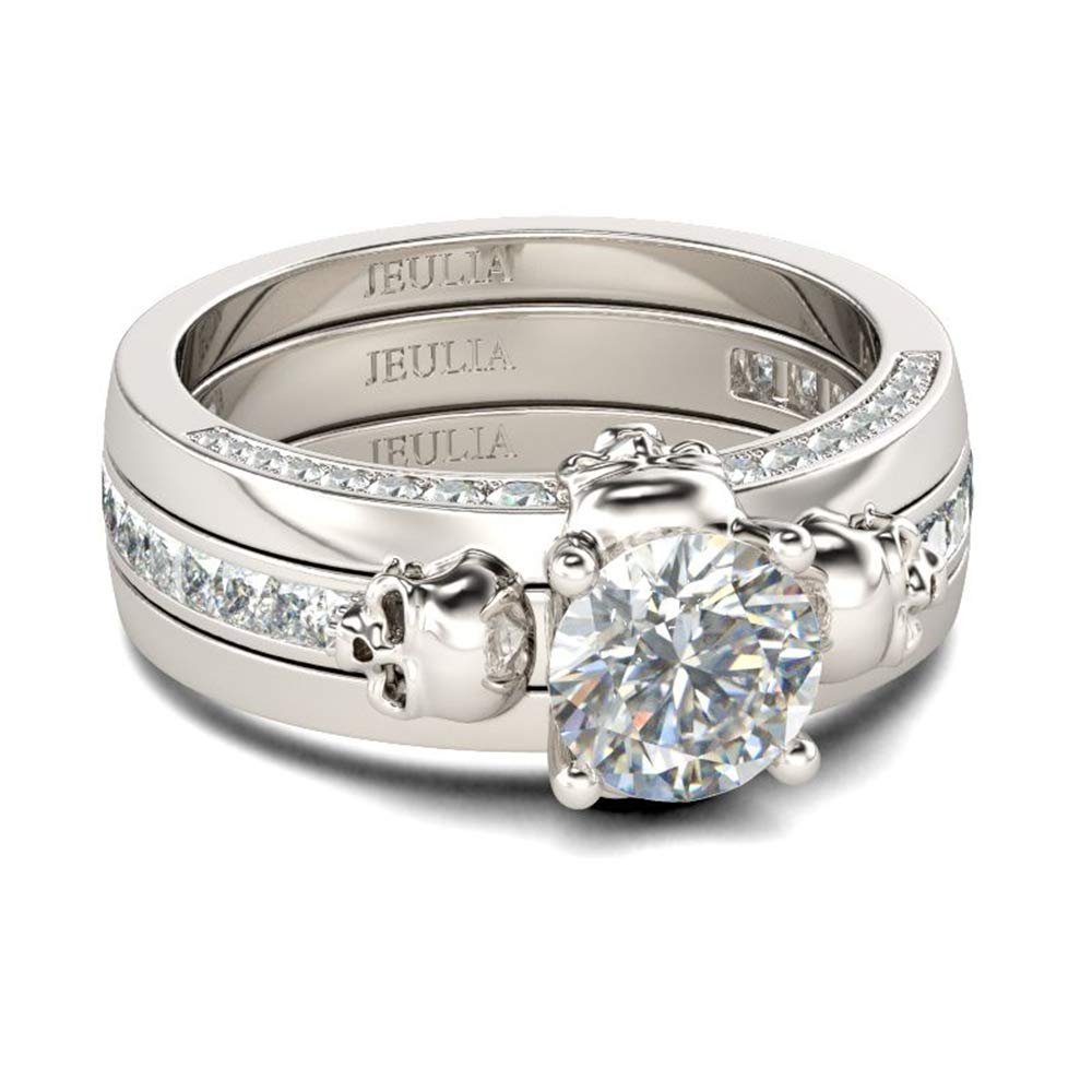 Jeulia 2.5 Carat Sterling Silver Skull Wedding Ring Set for Women - Round Cut Cubic Zirconia Engagement & Promise Band - Interchangeable CZ Solitaire Rings with Gift Box - Perfect for Gothic Weddings, Anniversary Gifts & Alternative Fashion Jewelry