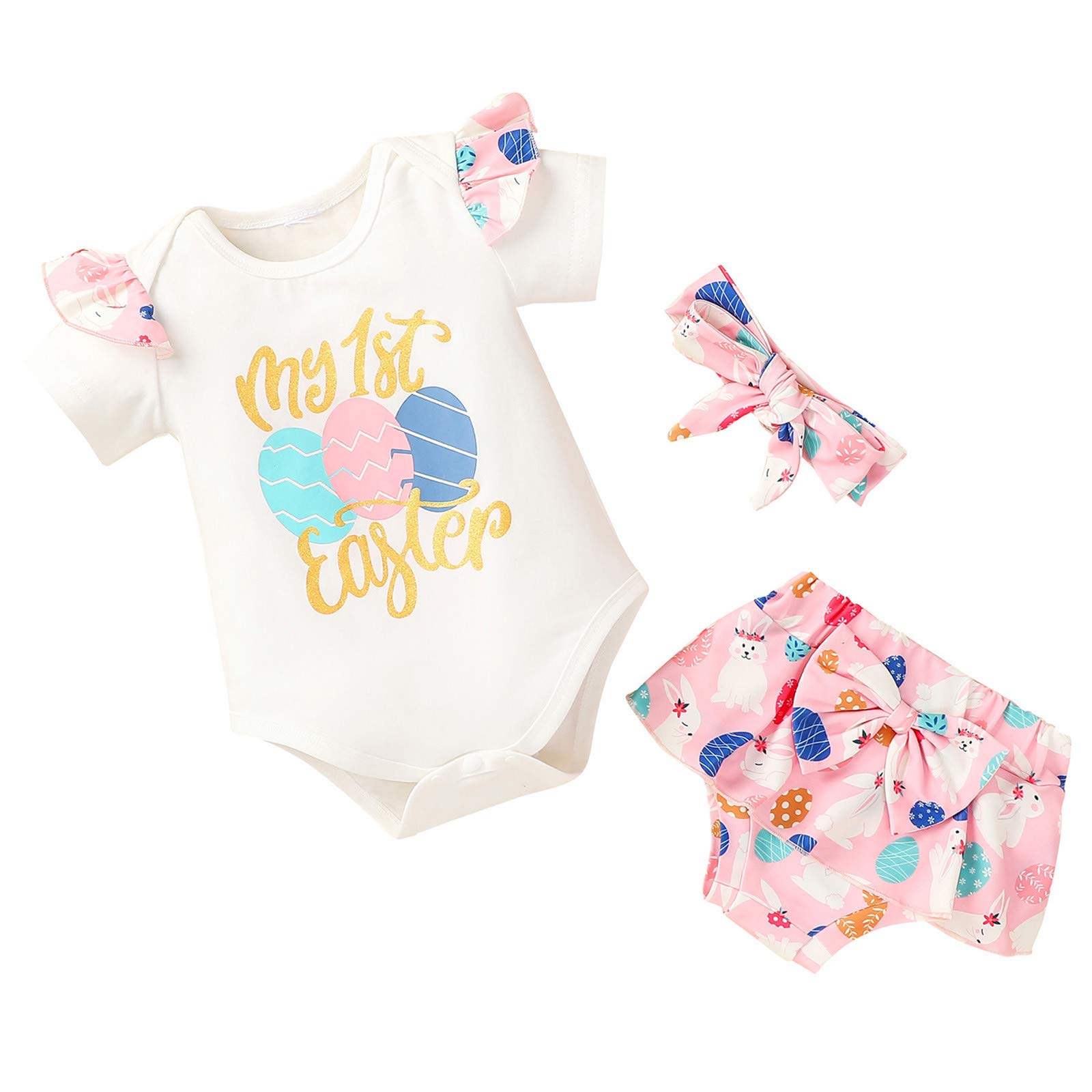 Cute Easter Baby Girl Outfit Set - Pink Romper, Rabbit Bow Shorts & Headbands | Newborn Infant Essentials for Spring & Holiday Photos