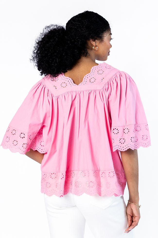 Stylish Pink Eyelet Detail Popover Short Sleeve Blouse for Women - Perfect for Summer Outfits, Office Wear & Casual Dates
