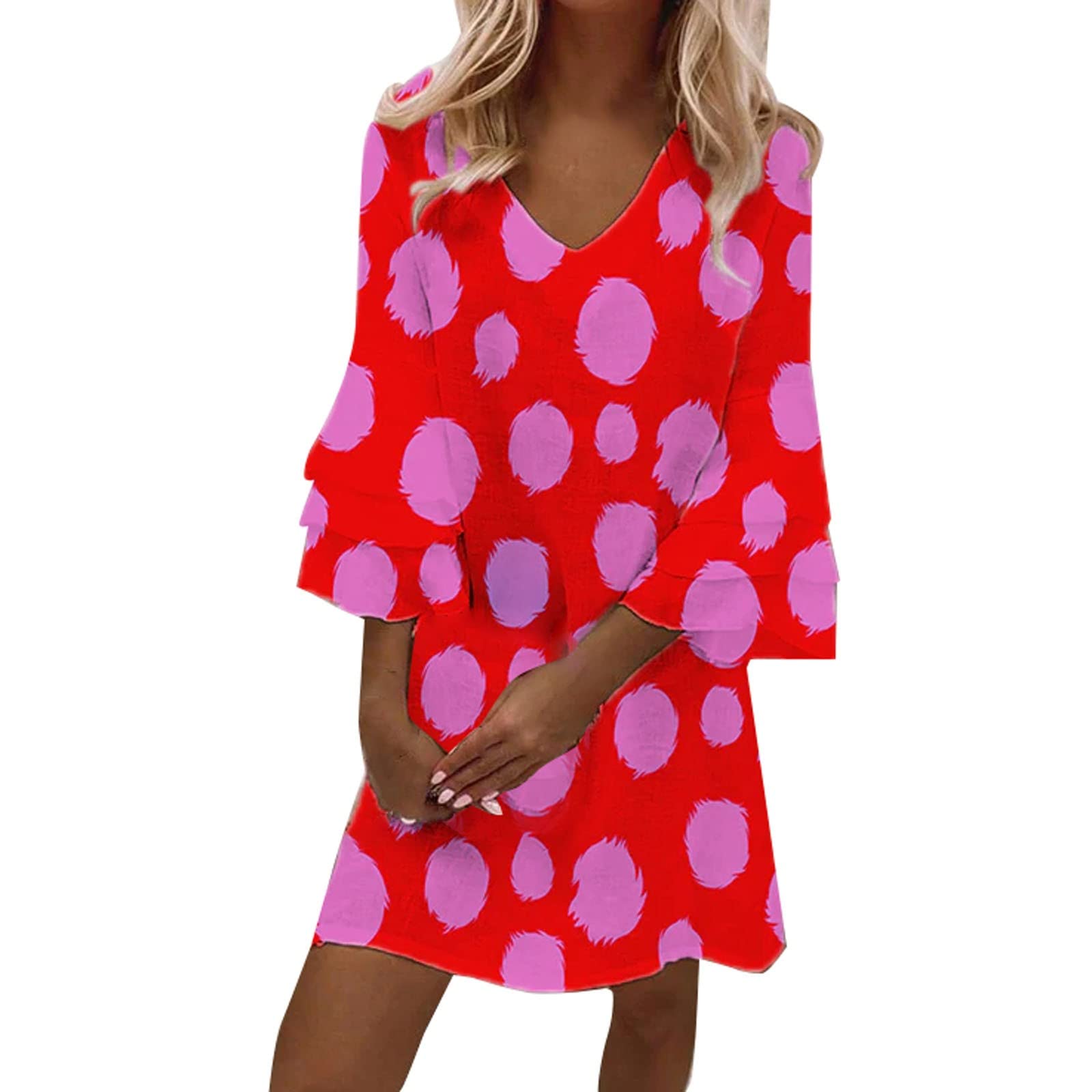 Women's Cute Bell Sleeve Ruffle Mini Dress - 3 Layer V-Neck Loose Swing Print Dress with Jacket for Party, Wedding & Formal Occasions
