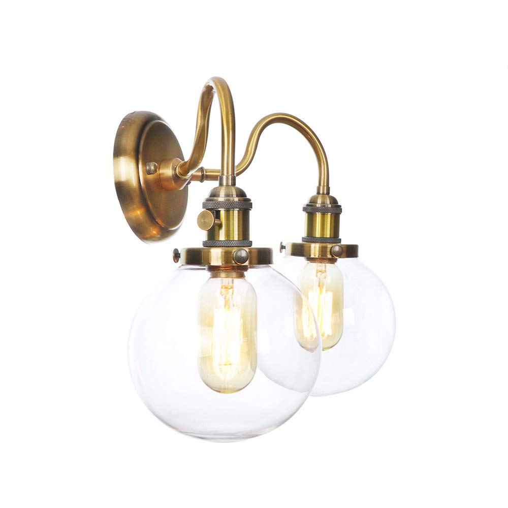 Vintage Gold Metal Wall Lamps with Clear Glass Lampshade - 2-Light Bedroom Sconce with Switch | Perfect for Bedroom, Living Room, Hallway & Reading Nook Lighting