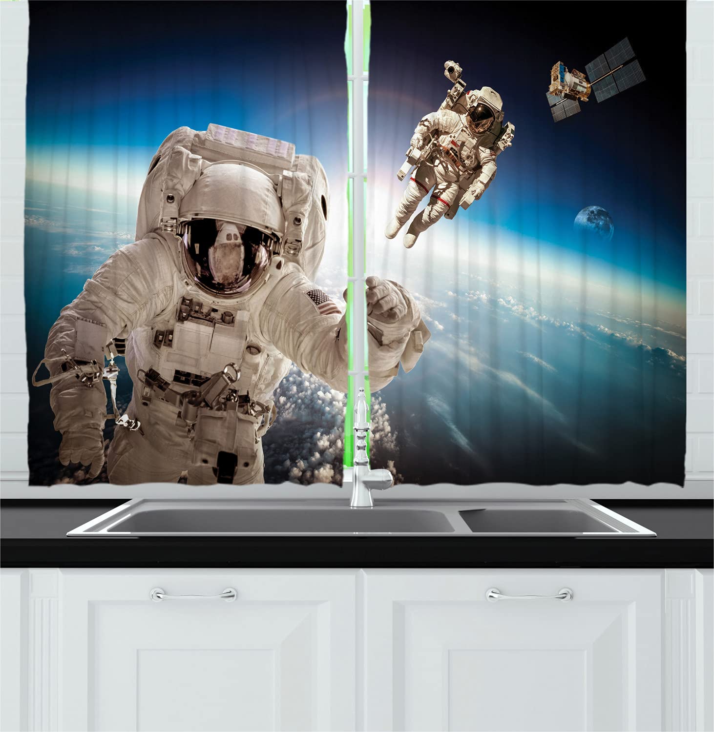 Ambesonne Outer Space Kitchen Curtains - Astronaut & Cosmos Themed Window Drapes for Living Room Decor | 55 x 45 Inch Blue Beige Rod Pocket Curtain Panels | Perfect for Space-Themed Bedrooms, Kids Rooms & Science Lovers