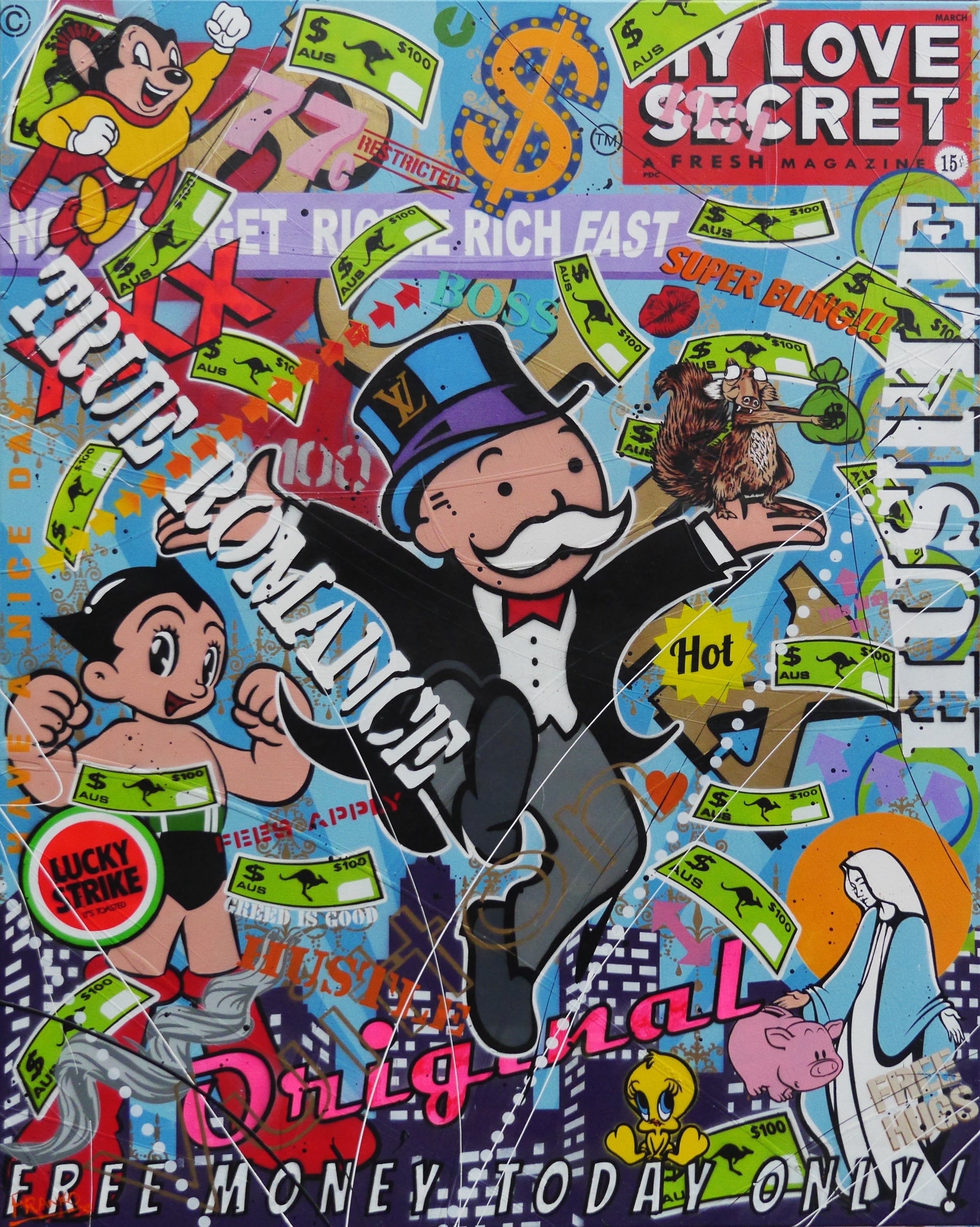 Monopoly Man Textured Urban Pop Art Painting - 120cm x 150cm Money Bags Wall Decor for Game Room, Office & Modern Home