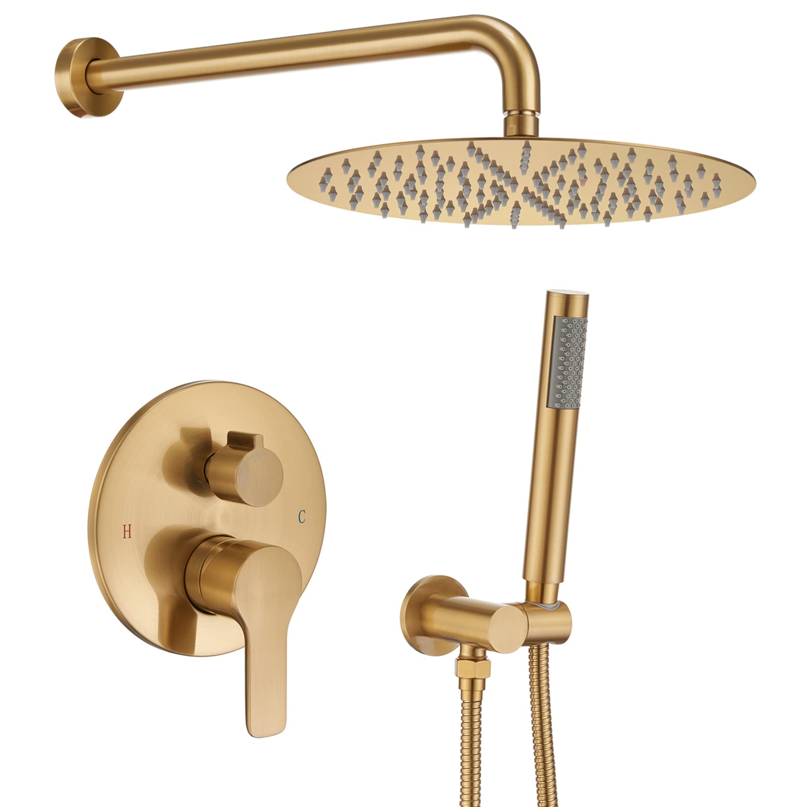 Premium Brushed Gold Wall Mounted Shower System - 10 Inch Rainfall Shower Head with Handheld Sprayer, Pressure Balance Valve & Complete Trim Kit | Perfect for Modern Bathroom Renovation & Spa-Like Shower Experience