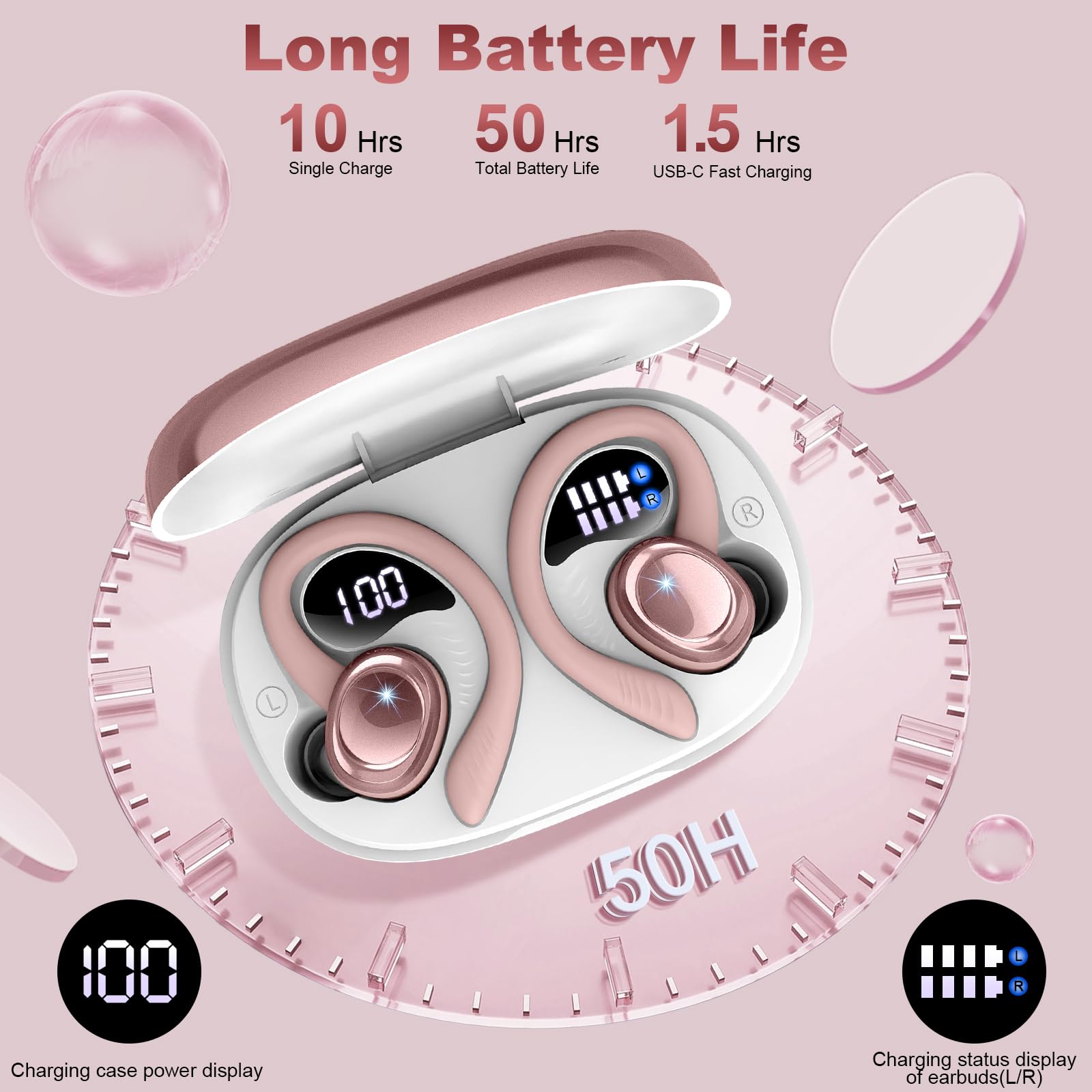 **2025 Wireless Bluetooth 5.4 Earbuds with Earhooks, 50H Playtime, 4 ENC Noise Canceling Mic, IP7 Waterproof – Stereo Sound for Running, Gym, Workout, Commuting & Travel**