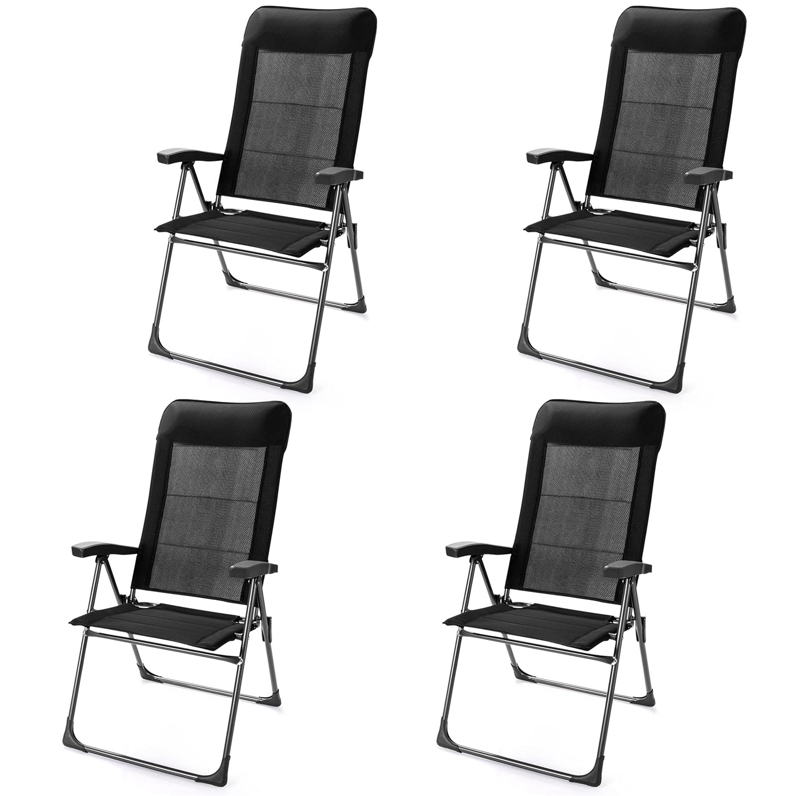 Goplus Folding Patio Sling Chairs Set of 4 - Portable Outdoor Dining Chairs with Adjustable Headrest & 7-Level Reclining Backrest - Perfect for Camping, Backyard, Garden, and Poolside Relaxation