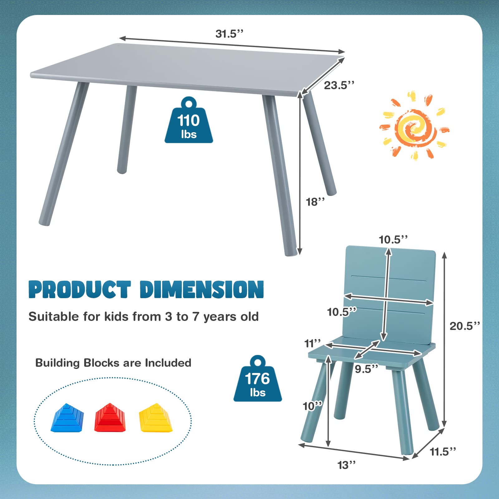 HONEY JOY Kids Table and Chair Set - 5 Piece Pine Wood Toddler Furniture with Building Blocks, Blue Children's Table & 4 Chairs for Daycare, Classroom, Playroom - Perfect Gift for Boys & Girls | Ideal for Learning, Playtime & Creative Activities