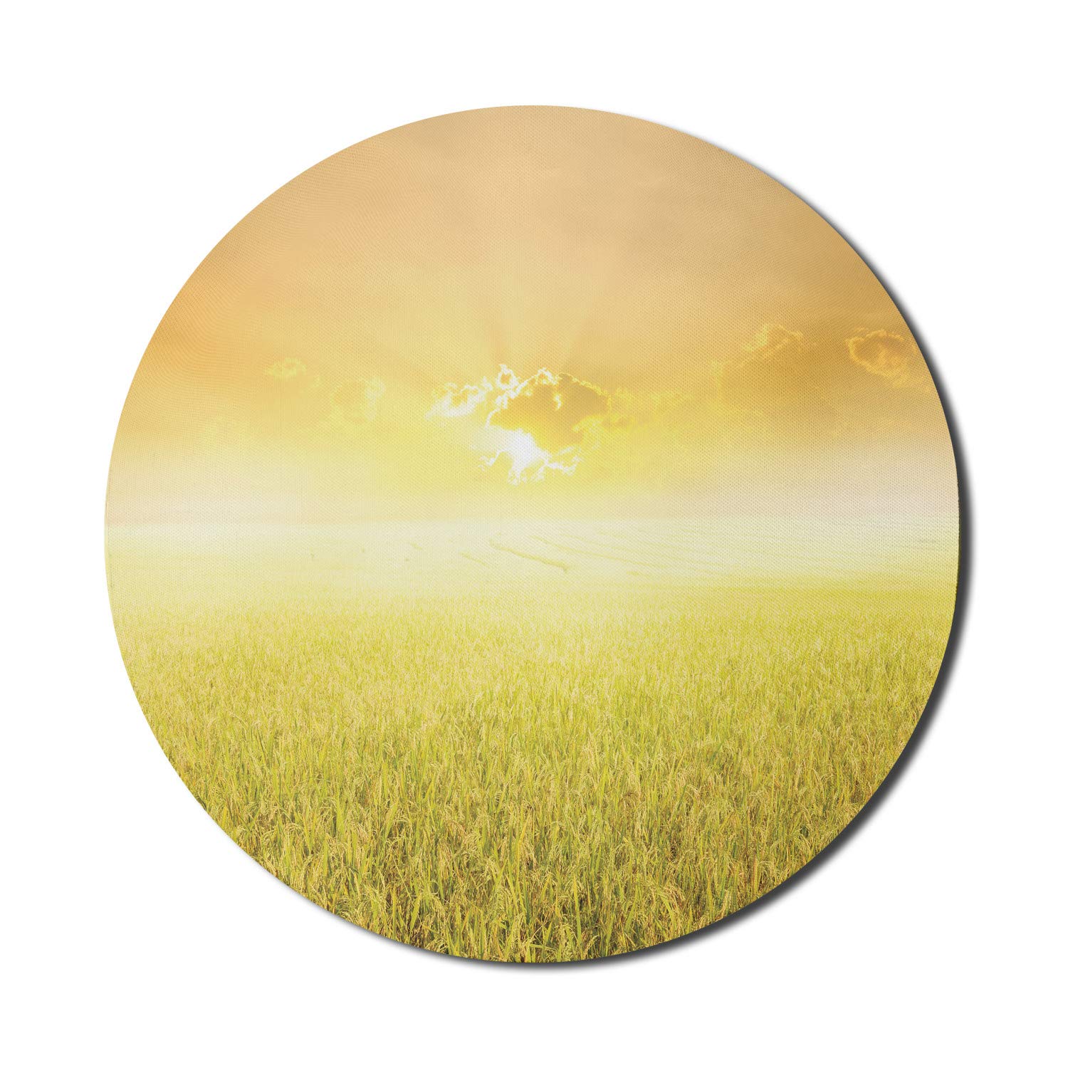 Ambesonne Round Non-Slip Gaming Mouse Pad - 8 Inch Thick Rubber Computer Mousepad with Yellow Beige Rice Field Sunset Countryside Design | Perfect for Office, Home & Gaming Setup