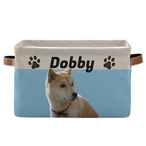 Custom Personalized Collapsible Dog Toy Storage Basket with Leather Handles - Pet Supplies Organizer for Toys, Clothes & Accessories (Blue) - Perfect for Living Room, Bedroom & Pet Play Area Organization