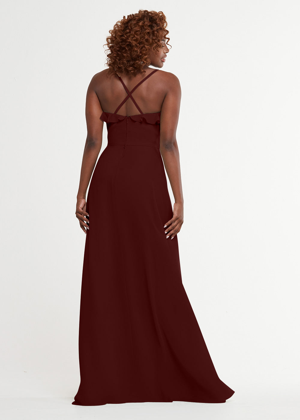 Elegant 80174 Chiffon A-Line Bridesmaid Dress with Ruffles & High Slit - Perfect for Weddings, Formal Events & Special Occasions