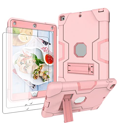 Mignova iPad 9.7 Case for iPad 6th/5th Gen (2018/2017) - Shockproof Kids Friendly Cover with Hard Back Shell & Soft Silicone Bumper + Tempered Glass Screen Protector (Rose Gold, 2-Pack) - Perfect for School, Travel & Home Use