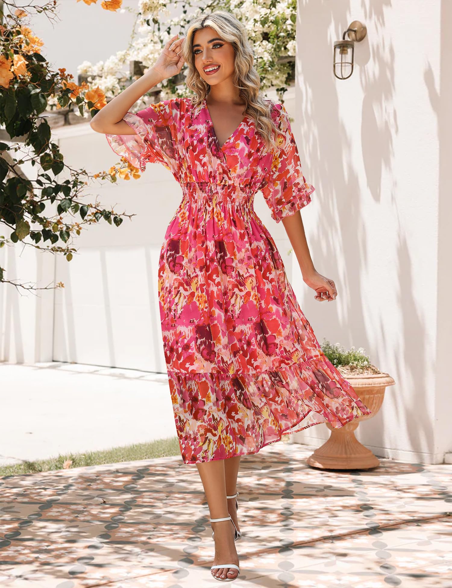 Floral Midi Dress for Women 2025 - A-Line Chiffon Boho Summer Dress with Short Sleeves | Perfect for Beach Vacations, Garden Parties & Casual Outings