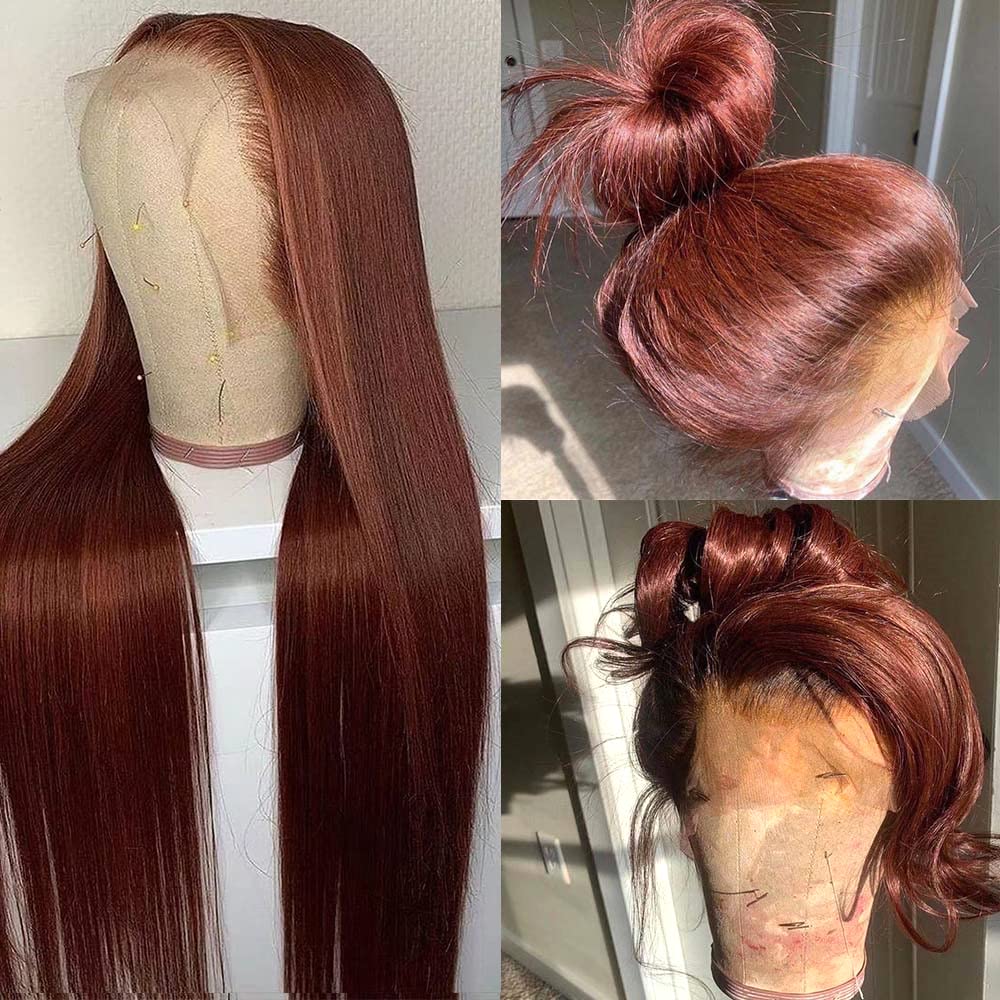 YMS 150% Density Straight Lace Front Wigs Human Hair - Auburn Reddish Brown 16 Inch Transparent Lace Frontal Wigs for Women | Perfect for Daily Wear, Cosplay & Special Occasions