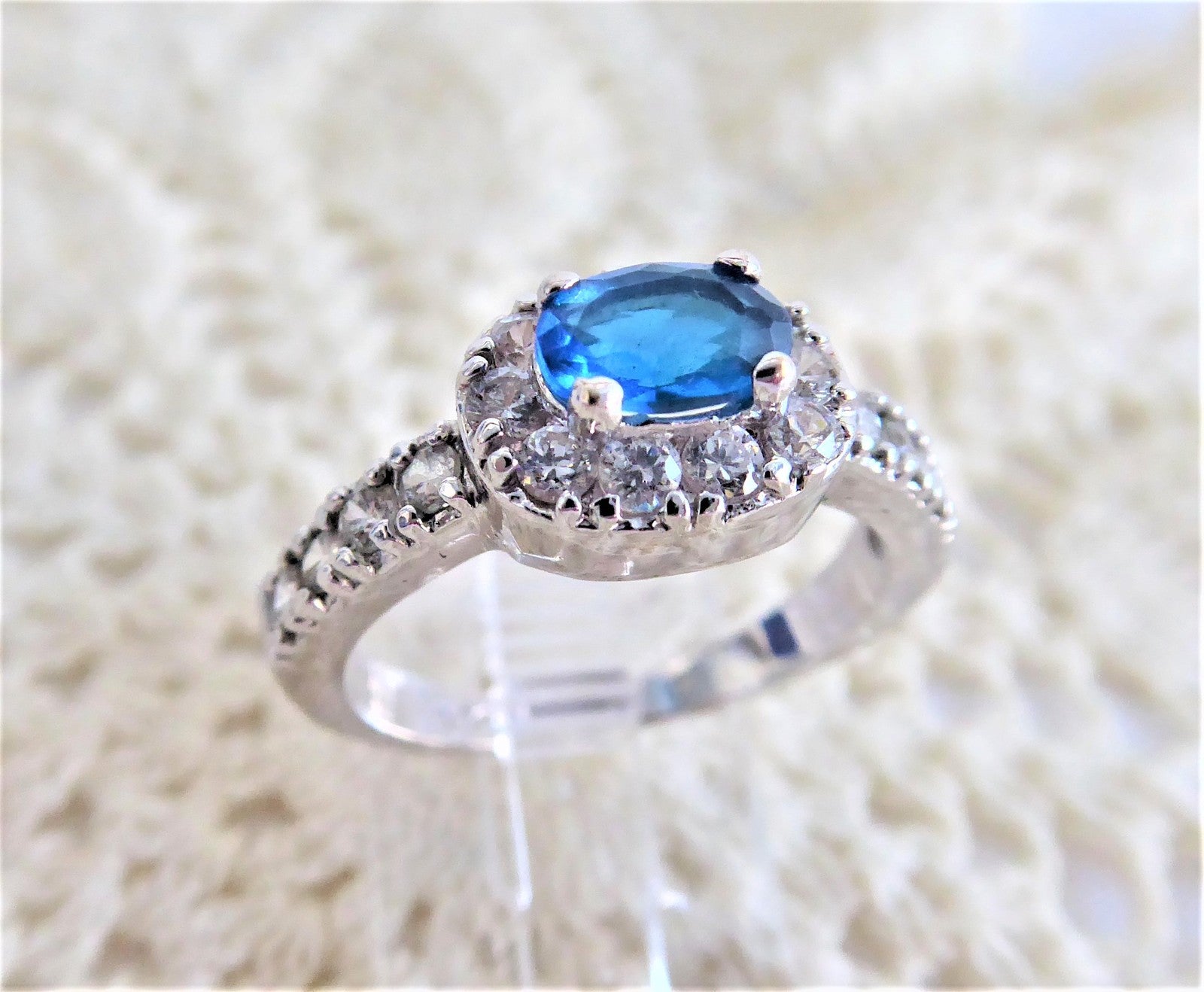 Vintage 1990s Turquoise Blue Glass Gemstone Dinner Ring with Faux Diamond Halo - Size 6, Elegant Costume Jewelry for Evening Parties, Date Nights & Special Occasions