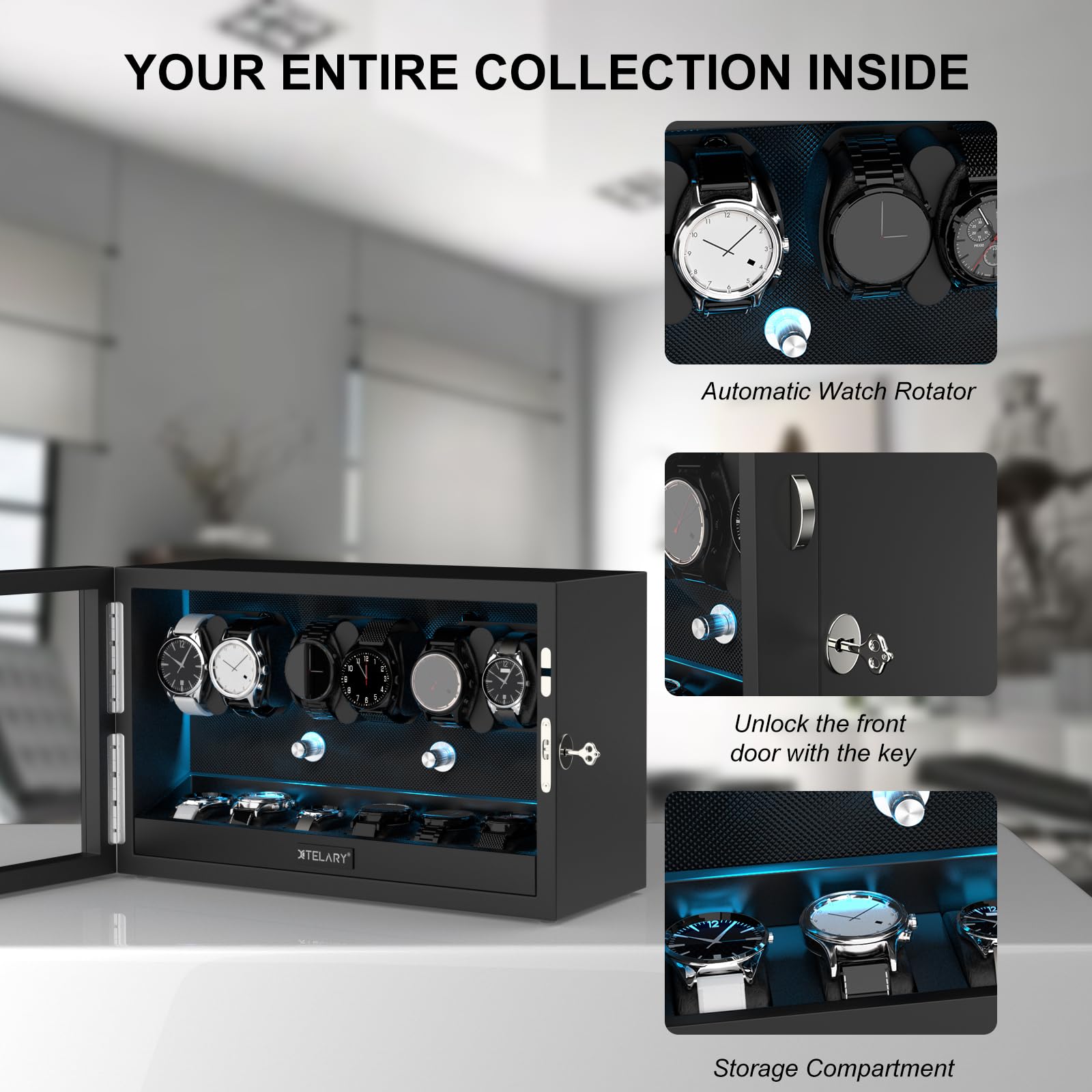 XTELARY Lockable Automatic Watch Winder - 4/6/8/12 Watch Storage Box with 4 Rotation Modes, Ultra Quiet Motor & LED Backlight | Perfect for Watch Collectors, Luxury Watch Storage & Display