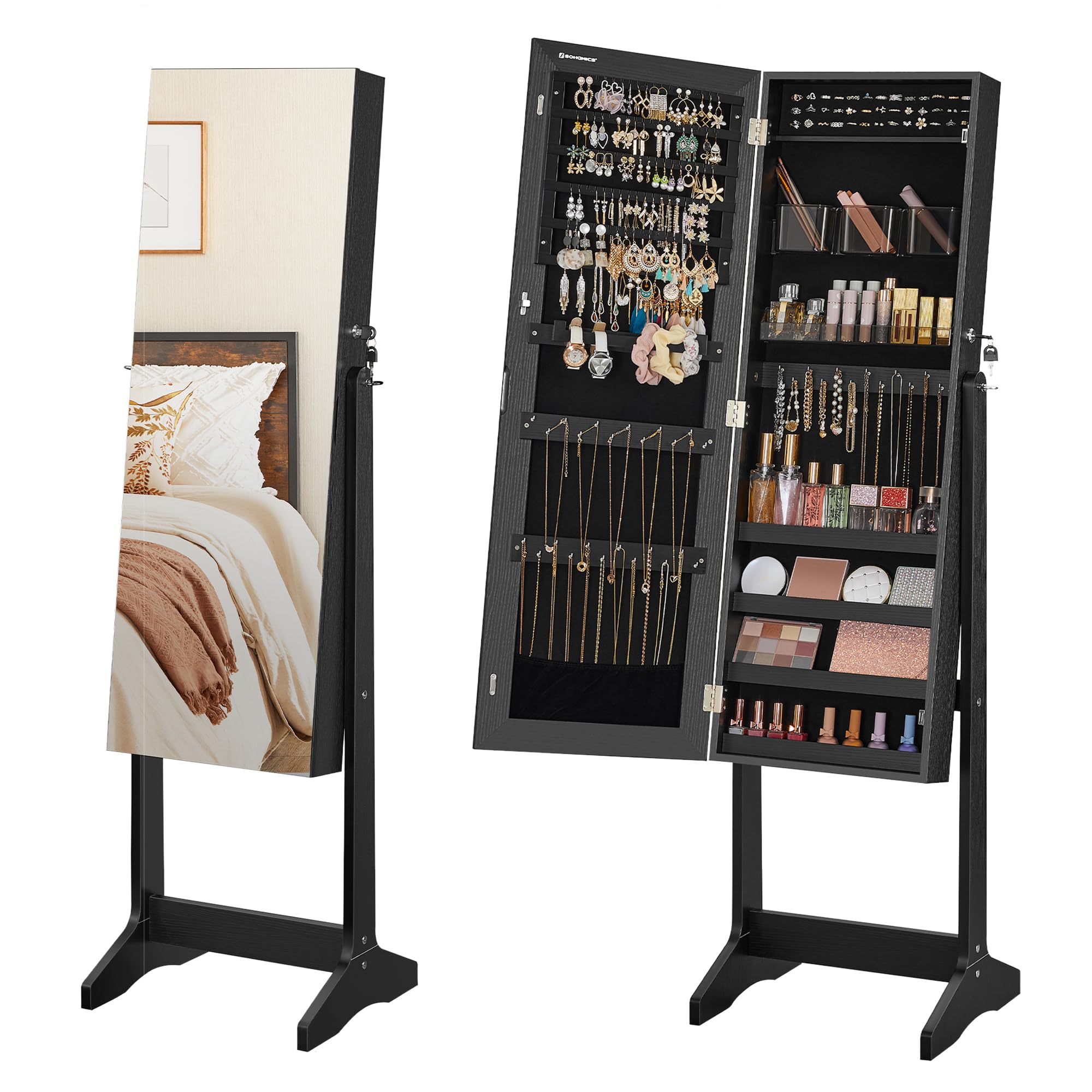 SONGMICS Jewelry Cabinet Armoire with Mirror - Freestanding Lockable Jewelry Organizer with 2 Cosmetic Drawers, Full-Length Mirror for Necklaces, Earrings, Rings & Bracelets - Perfect for Bedroom, Closet or Dressing Room (Black UJJC002B01)