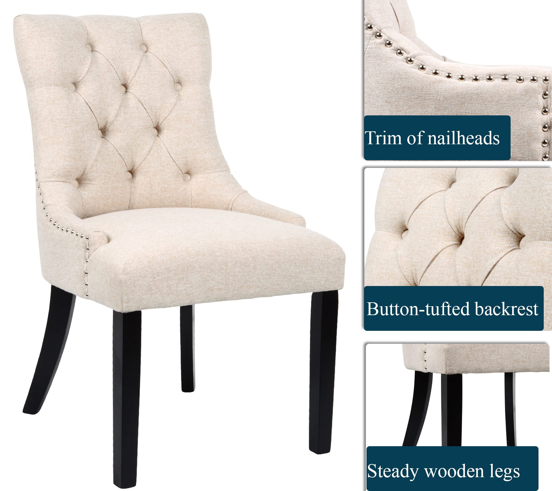 Flesser Accent Dining Chairs Set of 2 - Modern Fabric Upholstered Kitchen Chairs with Tufted Button Design for Dining Room Table Set, Cream - Perfect for Home, Restaurant, and Office Use