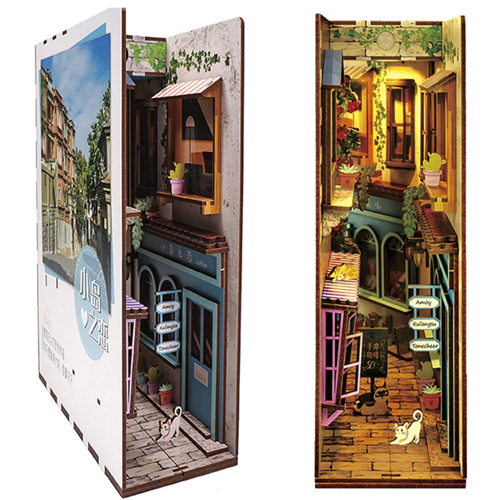 DIY Wooden Book Nook Inserts - 3D Puzzle Dollhouse Model Building Kit with LED Induction Light - Creative Bookends Decor for Home & Office - Perfect Gift for Kids & Adults (Happiness Island Theme) - Ideal for Bookshelf Decor, Room Decoration & Model Collectors