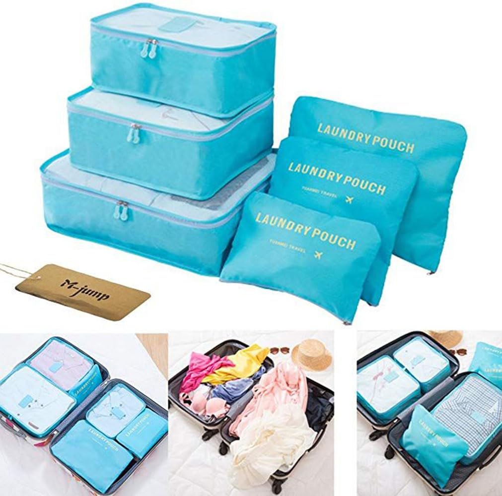 MOCOFO 6-Piece Travel Luggage Storage Bag Set - 3 Packing Cubes + 3 Small Garment Organizers for Suitcases (Blue) | Perfect for Airplane Carry-On, Vacation Packing & Closet Organization
