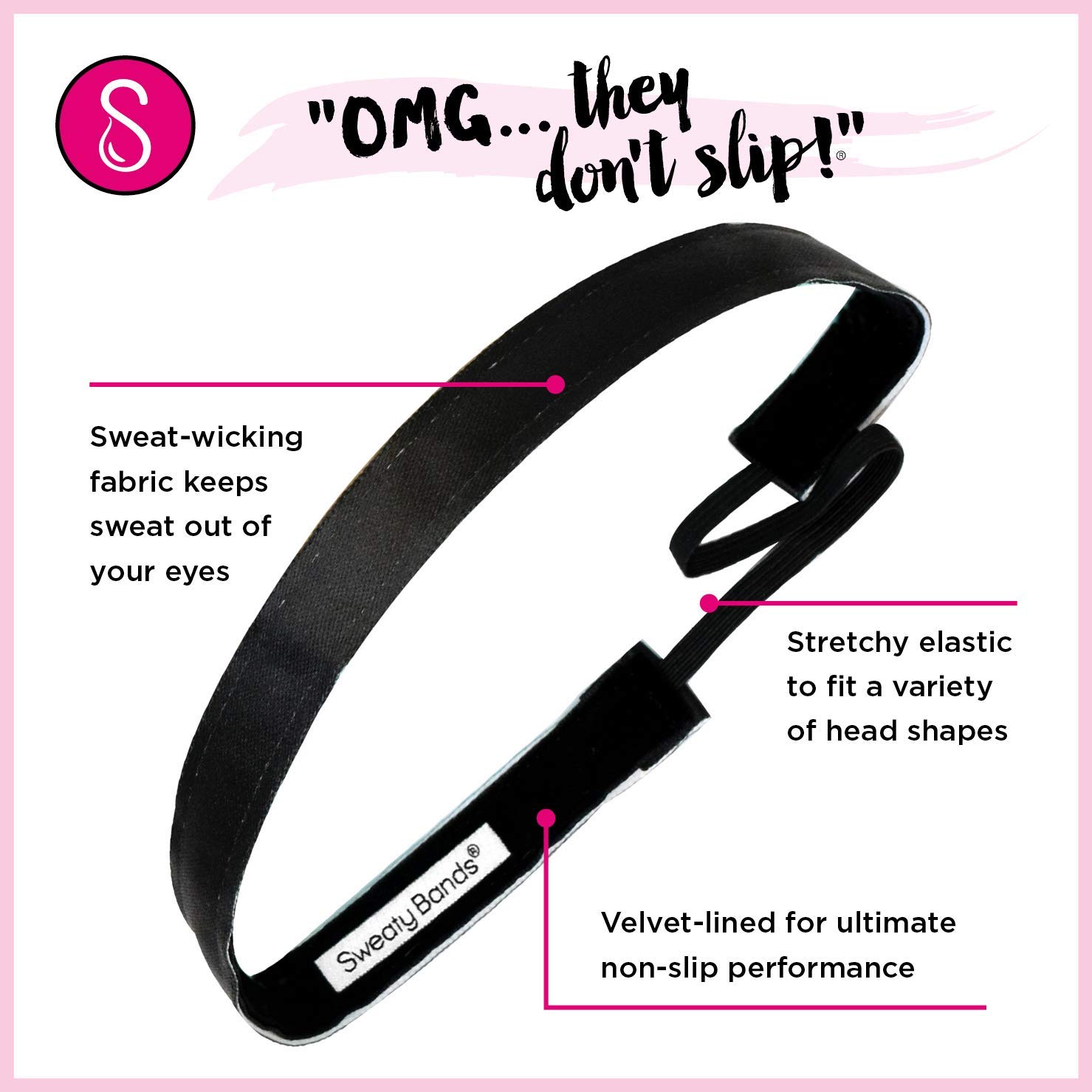 Sweaty Bands Non-Slip Velvet-Lined Headband for Women & Girls - 1-Inch Wicked Black Workout Hairband - Perfect for Running, Yoga, and Fitness Activities