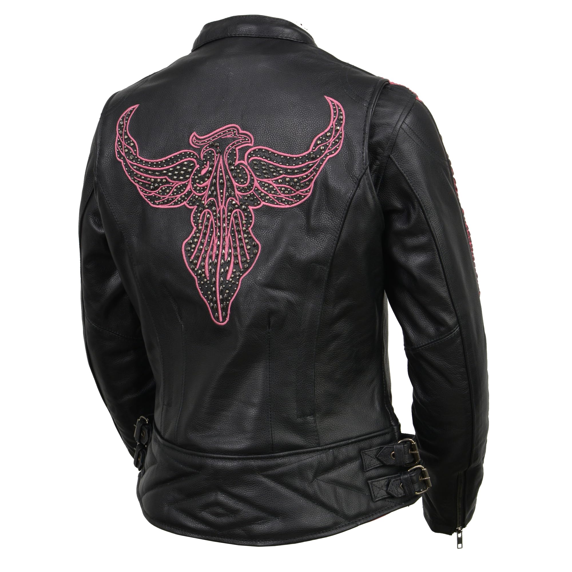 Milwaukee Leather Women's Black Purple Fuchsia Racer Jacket with Phoenix Studs & Embroidery MLL2570 - Stylish Motorcycle Riding & Casual Outwear