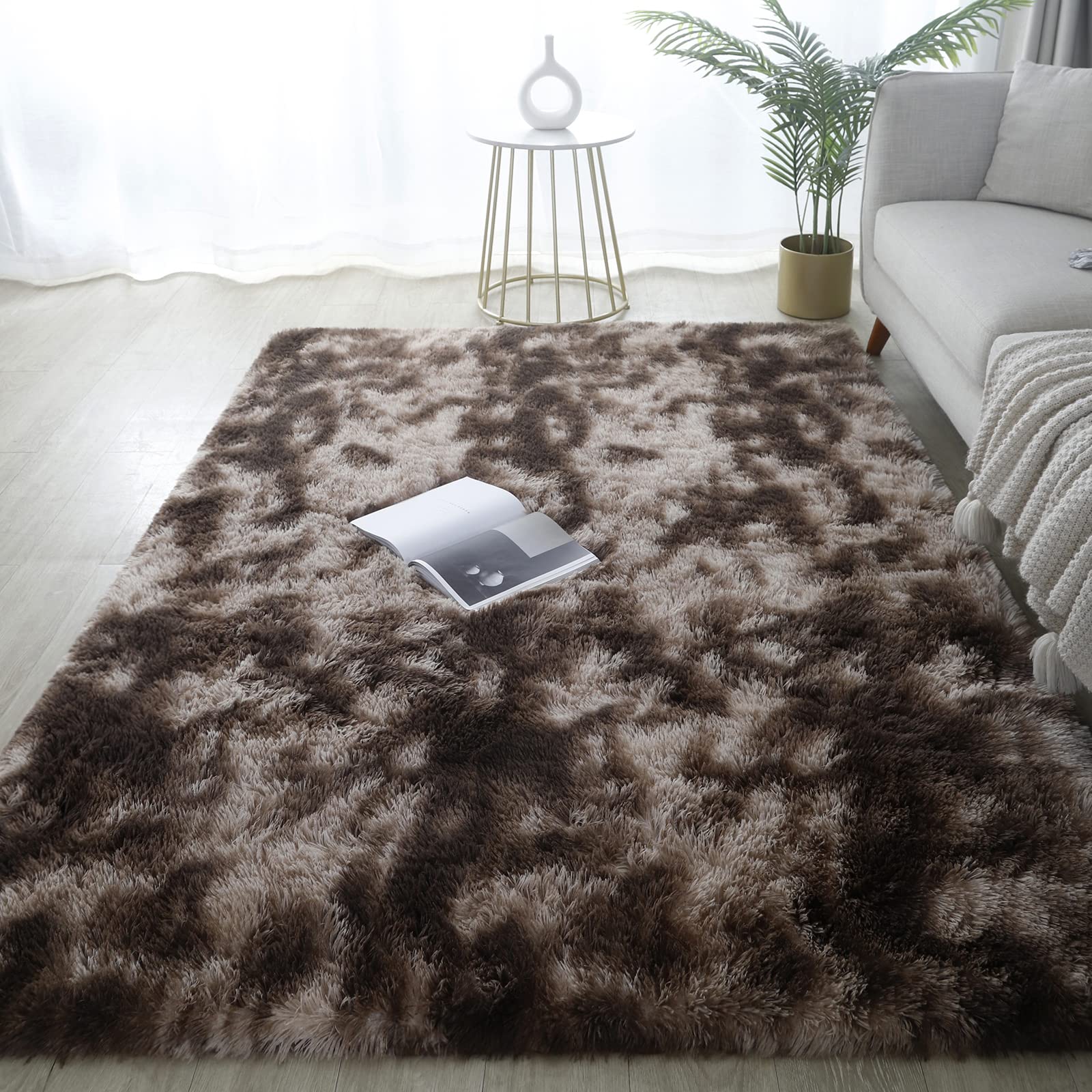 8x10 Feet Shag Area Rug - Soft Plush Indoor Carpet for Living Room, Bedroom | Modern Luxury Tie-Dyed Coffee Design | Home Decor & Cozy Floor Covering - Perfect for Family Gatherings, Relaxation & Stylish Interior Design