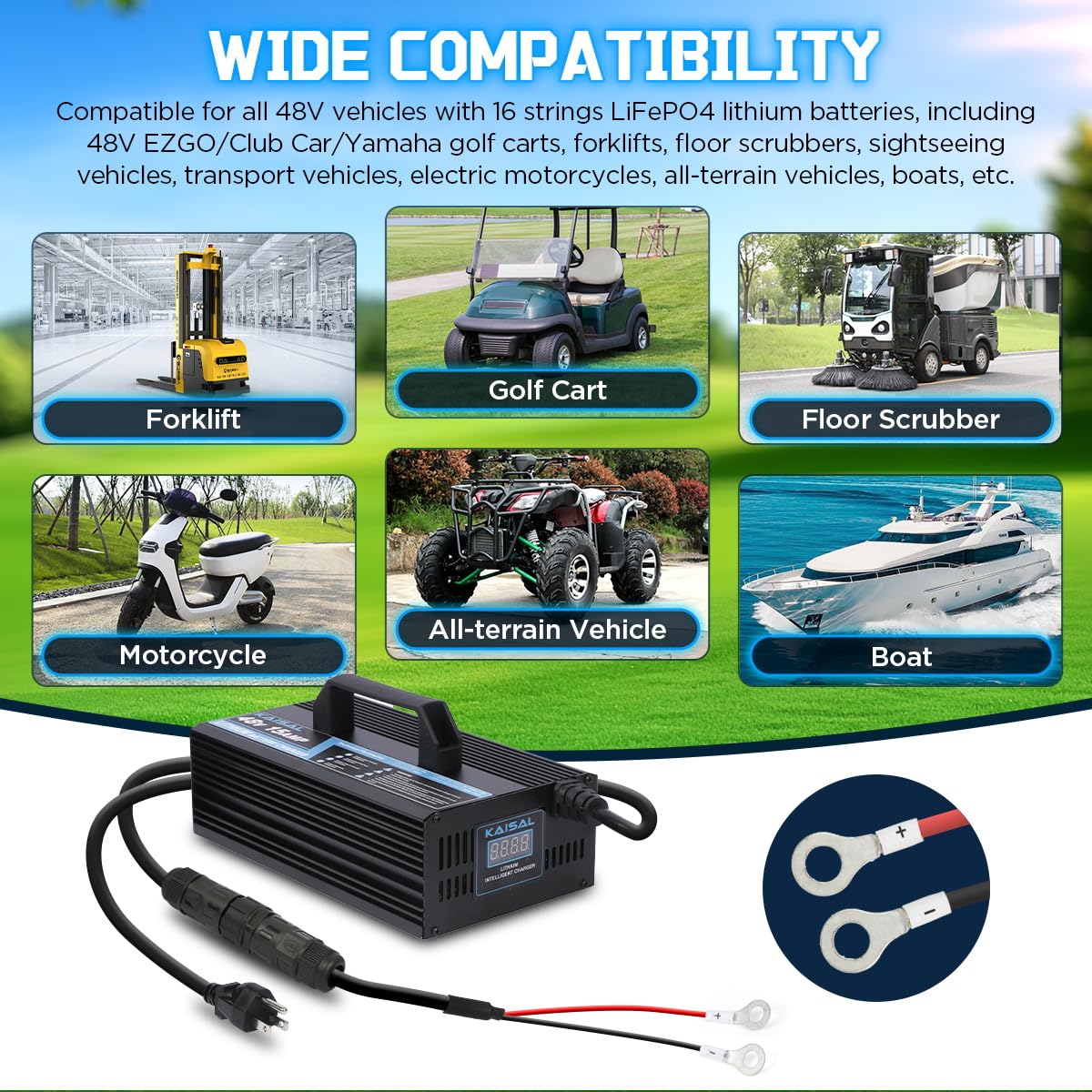 KAISAL 48V/58.4V 15A Lifepo4 Battery Charger - Waterproof IP68 Lithium Golf Cart & Forklift Charger with Removable Plug | Perfect for Golf Carts, Electric Vehicles, and Industrial Equipment