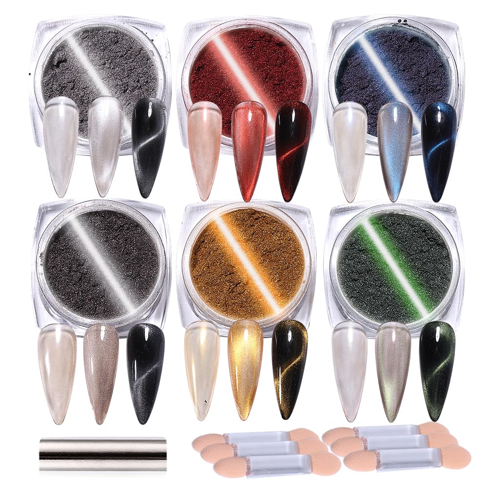 6 Colors Magnetic Cat Eye Chrome Powder for Nails - Silver Blue Red Pearlescent Metallic Galaxy Glitter with Magnets & Sticks - Professional Nail Art Pigment for Salon & DIY Manicures - Perfect for Parties, Weddings & Special Occasions