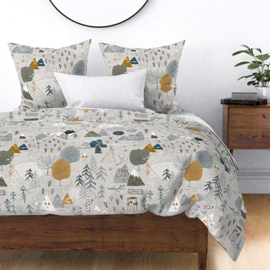 Custom Cotton Sateen Duvet Cover Full/Queen - Gray Mountain Adventure Forest Print | Boys Nursery & Woodland Themed Bedding | Perfect for Kids' Rooms, Camping Enthusiasts & Outdoor Decor