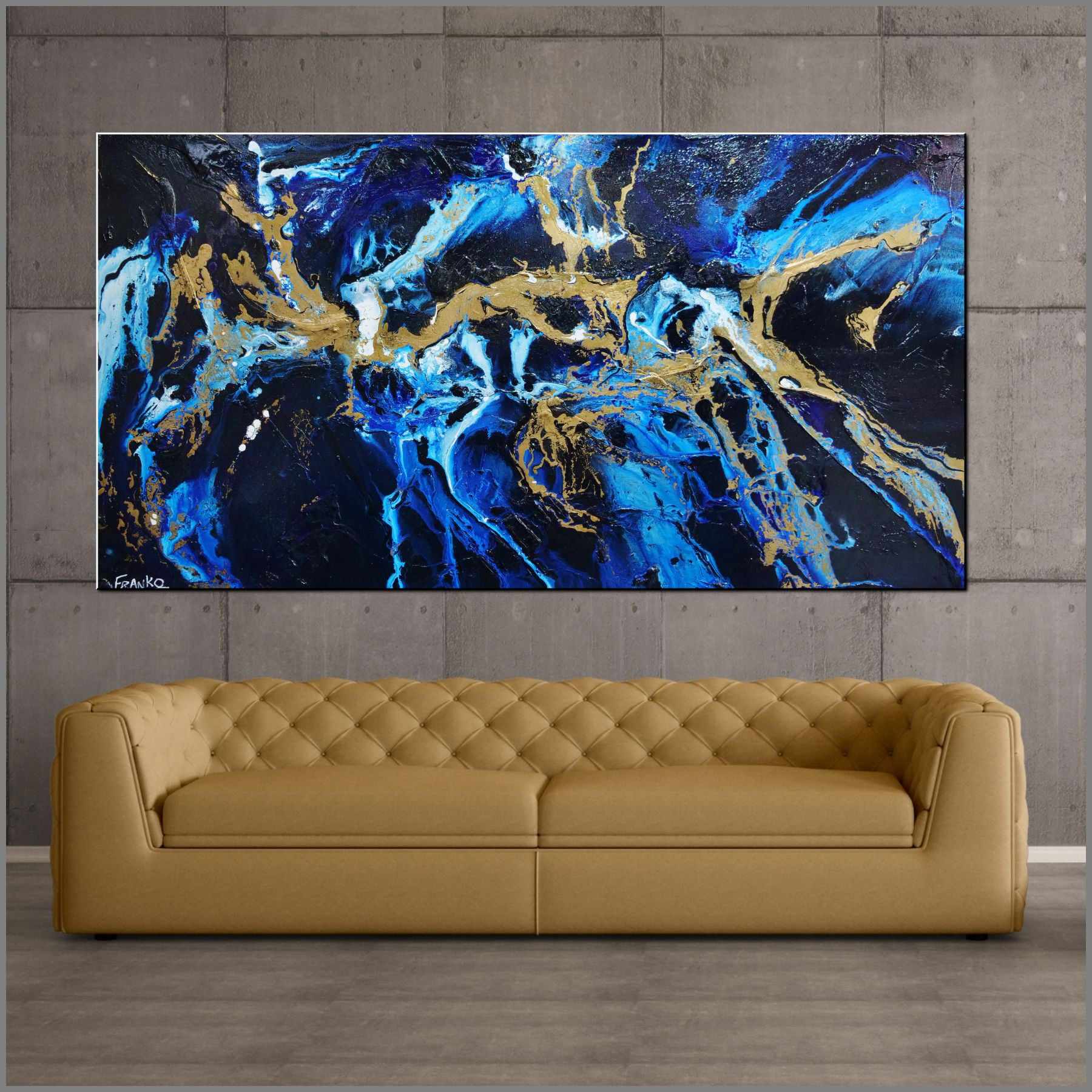 Midnight Gold Rush 190cm x 100cm Blue Gold Textured Abstract Canvas Art - Modern Wall Decor for Living Room, Bedroom & Office