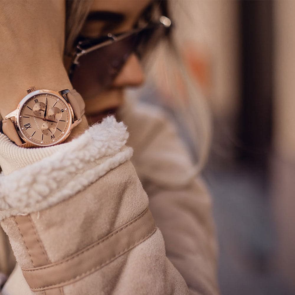 ARIES GOLD Urban Eternal Rose Gold Stainless Steel Women's Watch with Dusty Pink Leather Strap - Perfect for Everyday Wear, Office & Special Occasions
