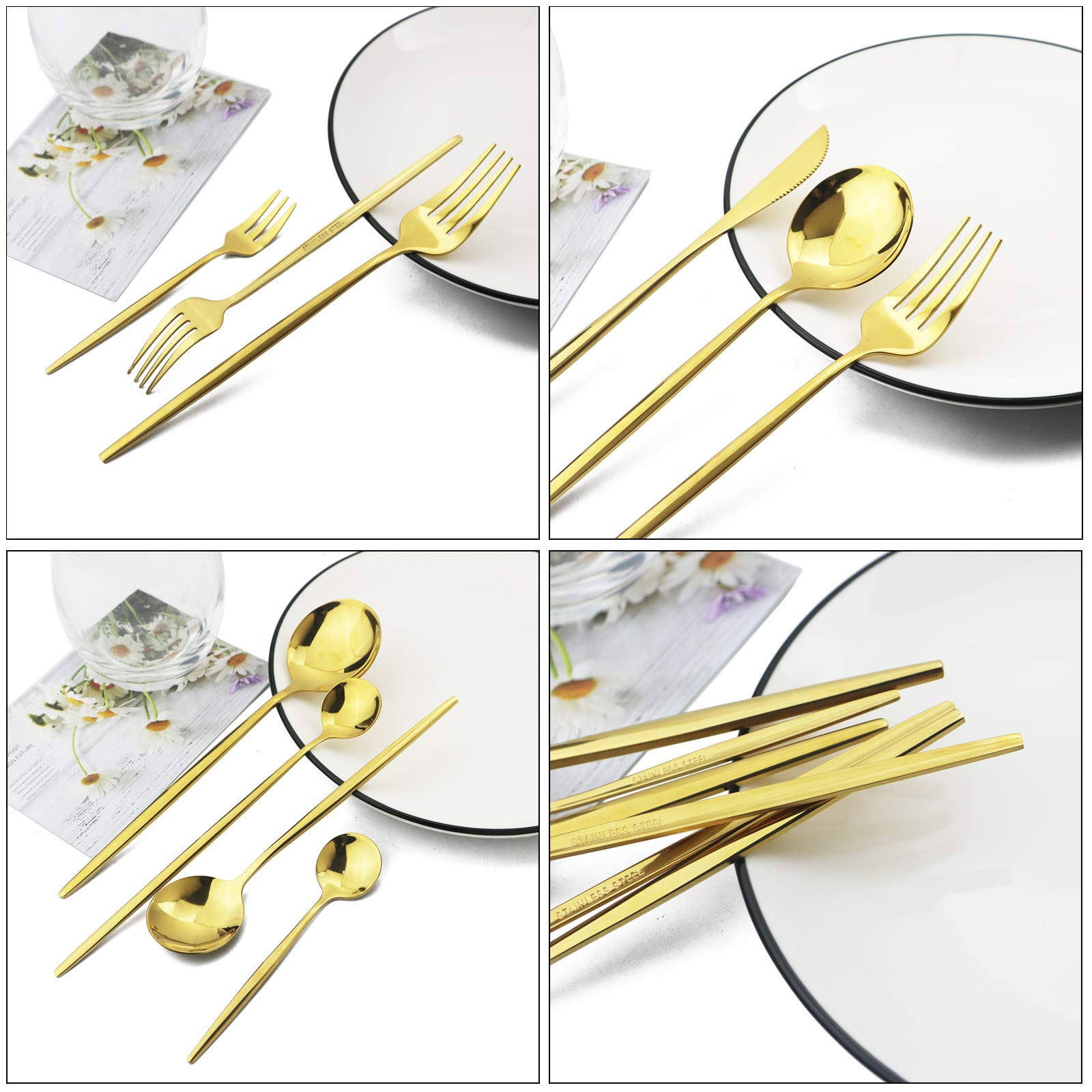 32-Piece Stainless Steel Flatware Set - Silverware Cutlery with Cake Fork & Long Handle Spoons - Dishwasher Safe Shiny Gold Tableware for 4 - Perfect for Dinner Parties, Weddings & Upscale Dining