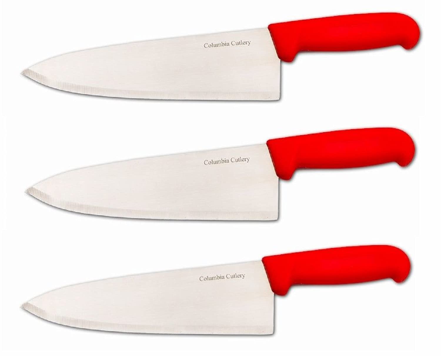 Columbia Cutlery 8-inch Professional Chef Knife Set - 3 Pack Razor Sharp Stainless Steel Kitchen Knives with Ergonomic Red Fibrox Handle | Dishwasher Safe | Perfect for Slicing, Dicing & Chopping Vegetables, Meat & Fruits