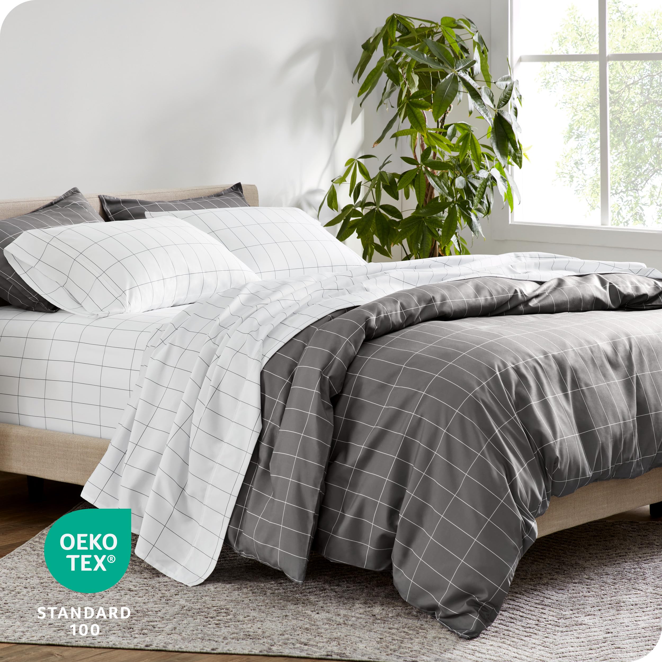 Bare Home Premium 1800 Super Soft Duvet Cover Set - Lightweight & Breathable King/California King Size Bedding - Grey & White Grid Pattern for Cozy Bedroom Decor