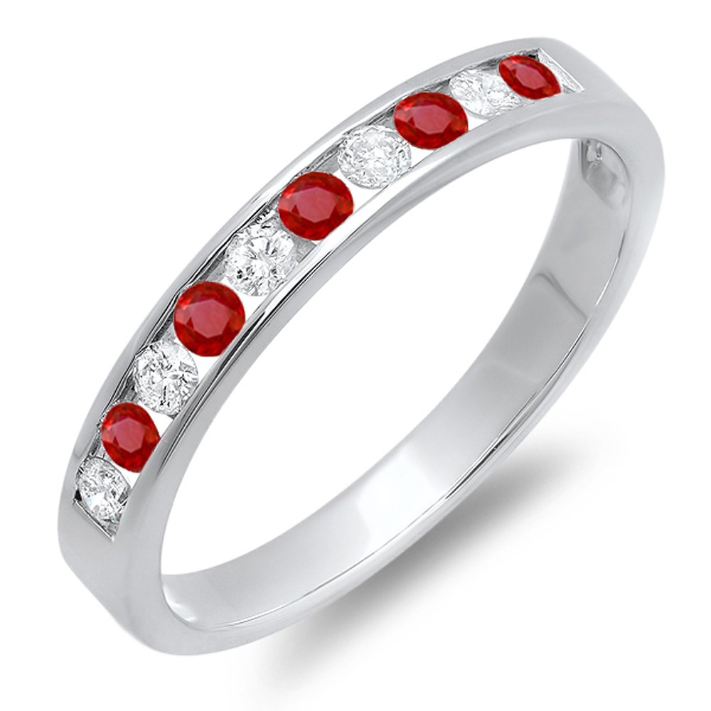 10K Solid White Gold Round Ruby & White Diamond Stackable Ring Band for Women - Anniversary Wedding Ring Set, Perfect for Engagements, Proposals & Special Occasions