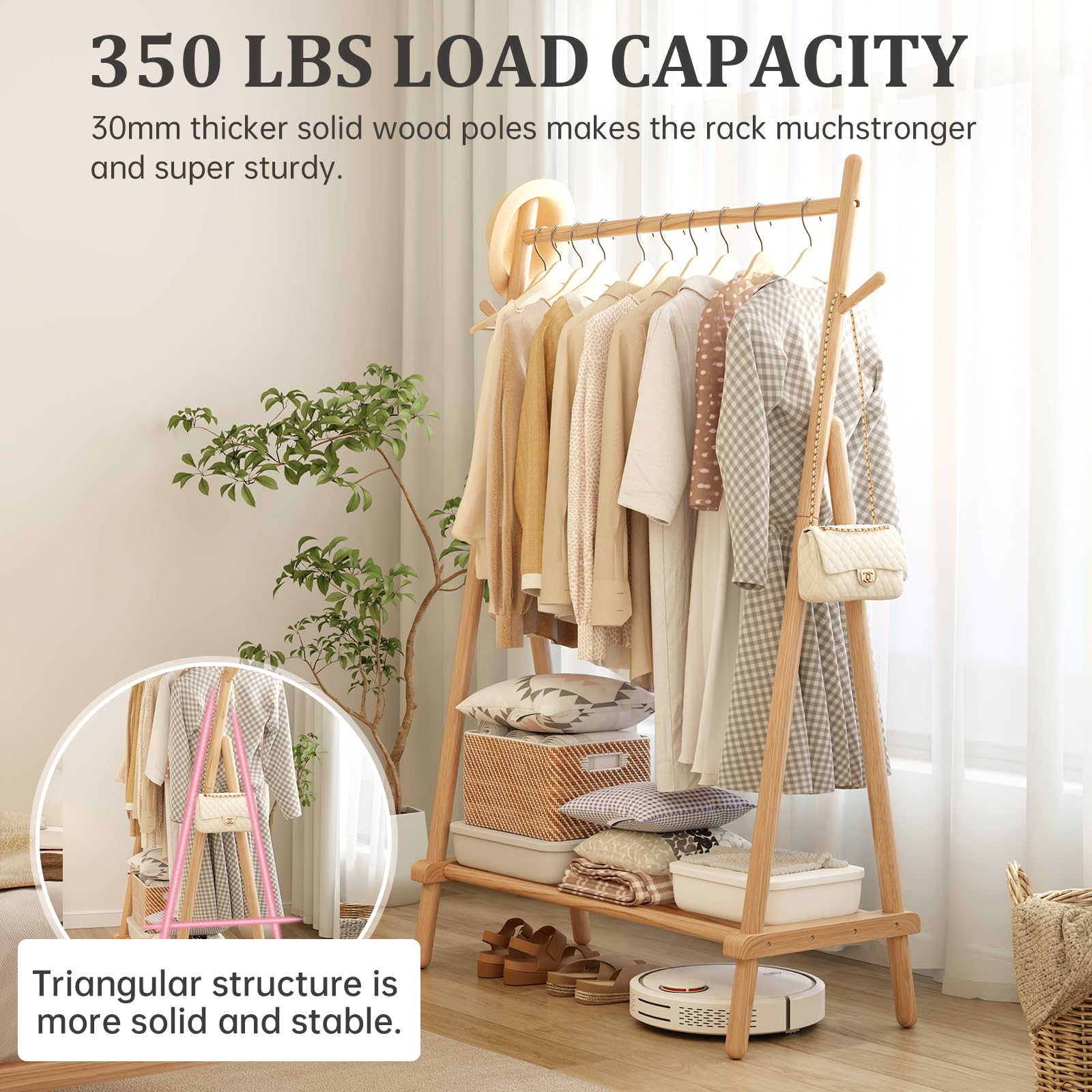 **Solid Wood Clothes Rack with Shelf & Hooks - Sturdy, Portable Garment Rack for Hanging Clothes, Coats, Skirts, Shoes & Bags - Easy to Assemble (Natural) - Perfect for Bedroom, Closet & Laundry Room Organization**