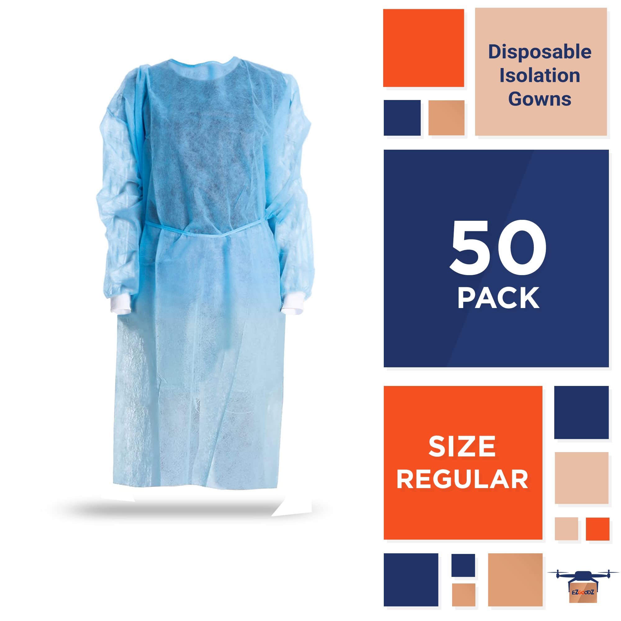 EZGOODZ Blue Disposable Isolation Gowns - 50 Pack Medical Gowns with Elastic Cuffs, Long Sleeves & Back Ties | 45 GSM SPP Material | Unisex Surgical Gowns for Men & Women | Ideal for Hospitals, Clinics & Home Healthcare Use