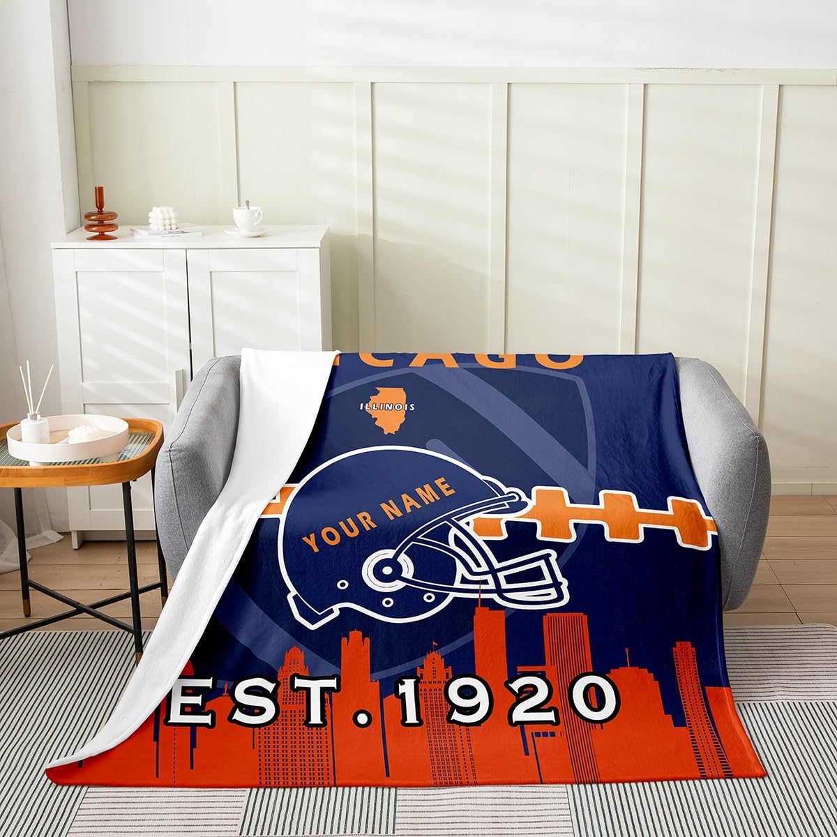 Custom Name Football Fleece Blanket - American Football Flannel Throw Blanket 60x80 Inches - Personalized NFL Team Blanket for Bed, Couch & Game Day - Soft Football Helmet Design Blanket for Sports Fans (Chicago Bears Theme) - Perfect for Bedroom, Living Room & Tailgating Parties