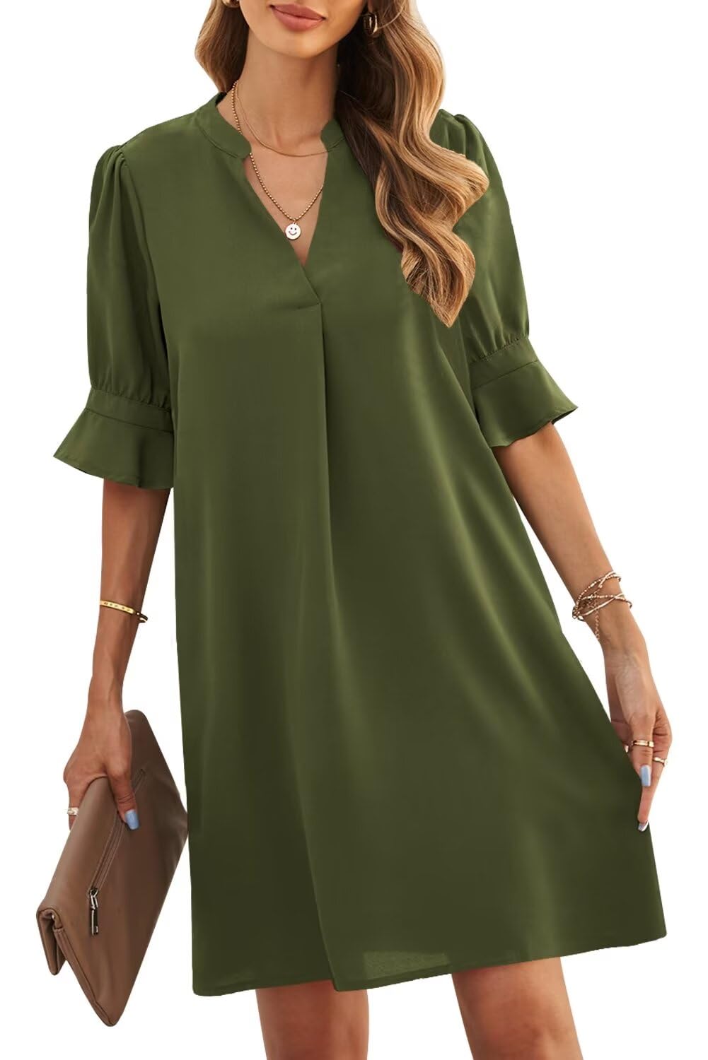 JOCAFIYE Women's Casual Short Sleeve V-Neck Summer Dress - Flowy Comfortable A-Line Dress for Women 2025 | Perfect for Beach, Vacation, and Everyday Wear