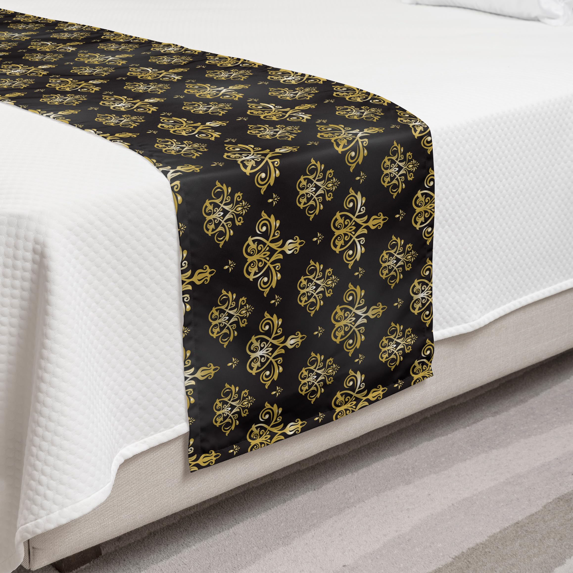 Ambesonne Yellow Damask Bed Runner - Royal Venetian Style Floral Pattern with Leaves & Stems - Decorative Bedding Scarf for Hotels, Homes & Guestrooms (Charcoal Grey/Yellow) - Perfect for Master Bedrooms, Luxury Hotels & Wedding Decor